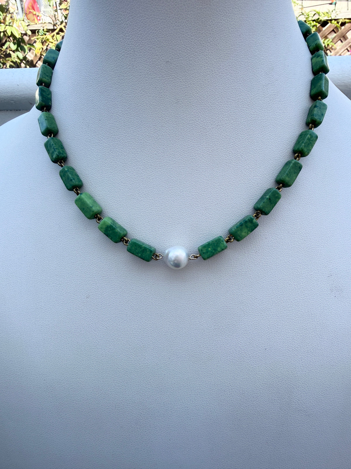 Green Turquoise  Pearl Turtle Pendant | Pearl & Nephrite Jade Necklace.