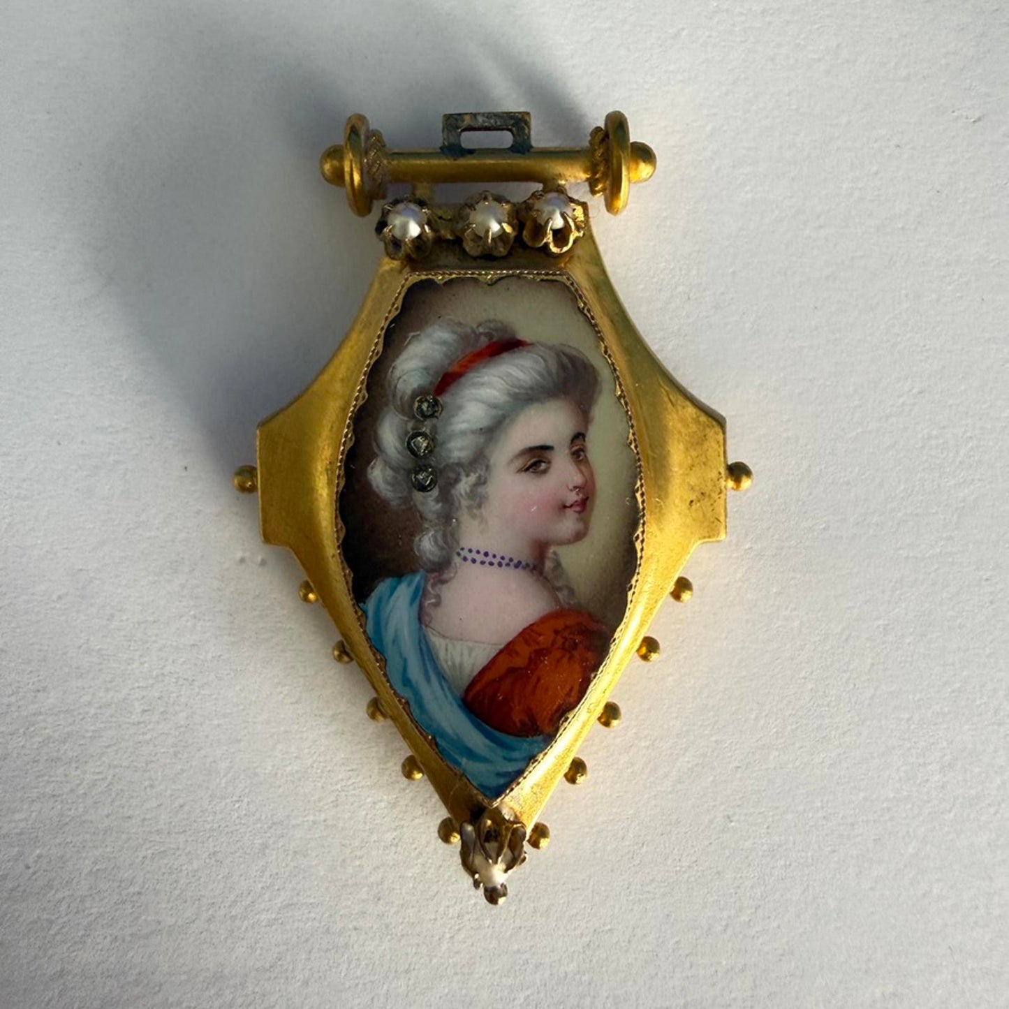 Vintage Mourning Locket Portrait Pendant. Pearls and Diamonds.