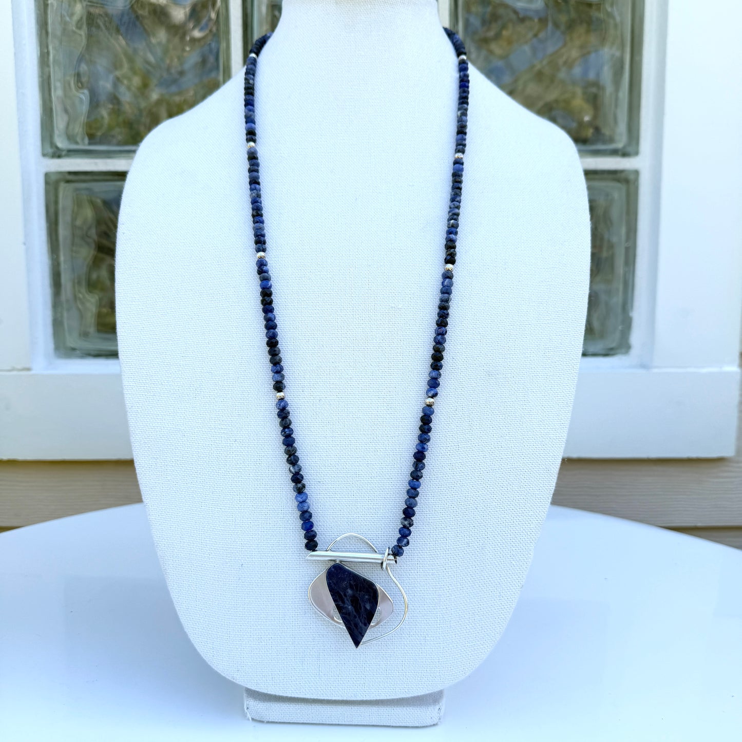 Contemporary. Sodalite. Cabochon. Sterling Silver Pendant. Faceted Blue Sodalite Beads. Long Necklace. Can be Doubled. Modern.OOAK