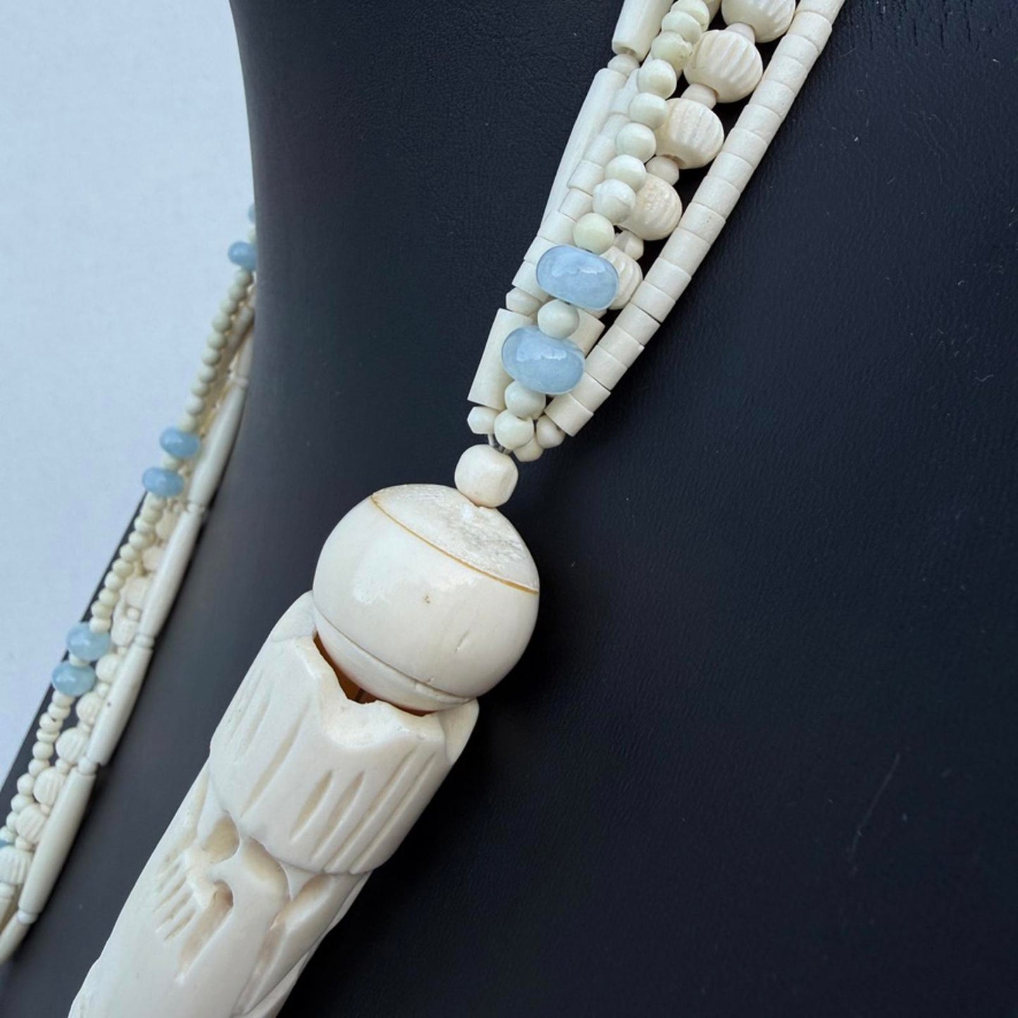 Virgin Mary Carved Bone Pendant on Vintage Multi-Strand Bone Necklace