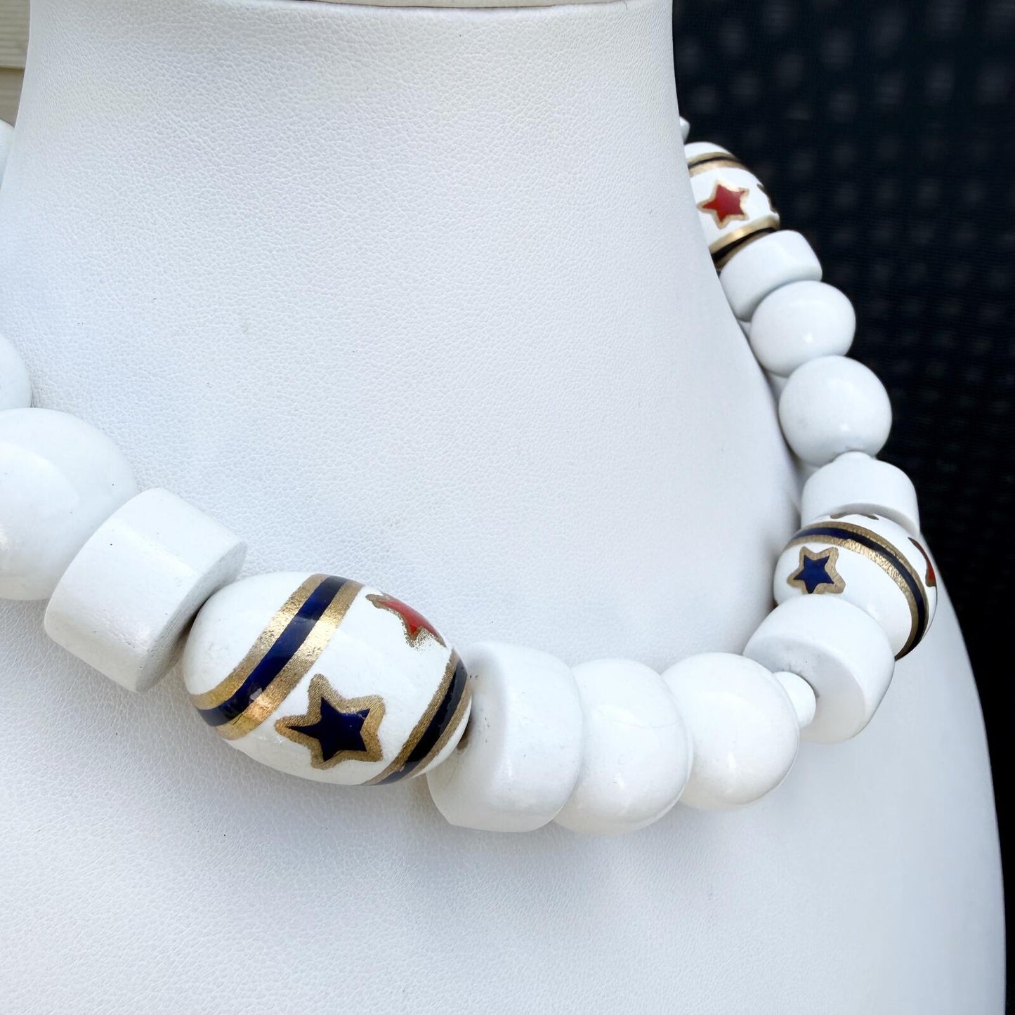 Handmade Patriotic Wood Bead Necklace July 4th Red White Blue Statement Necklace