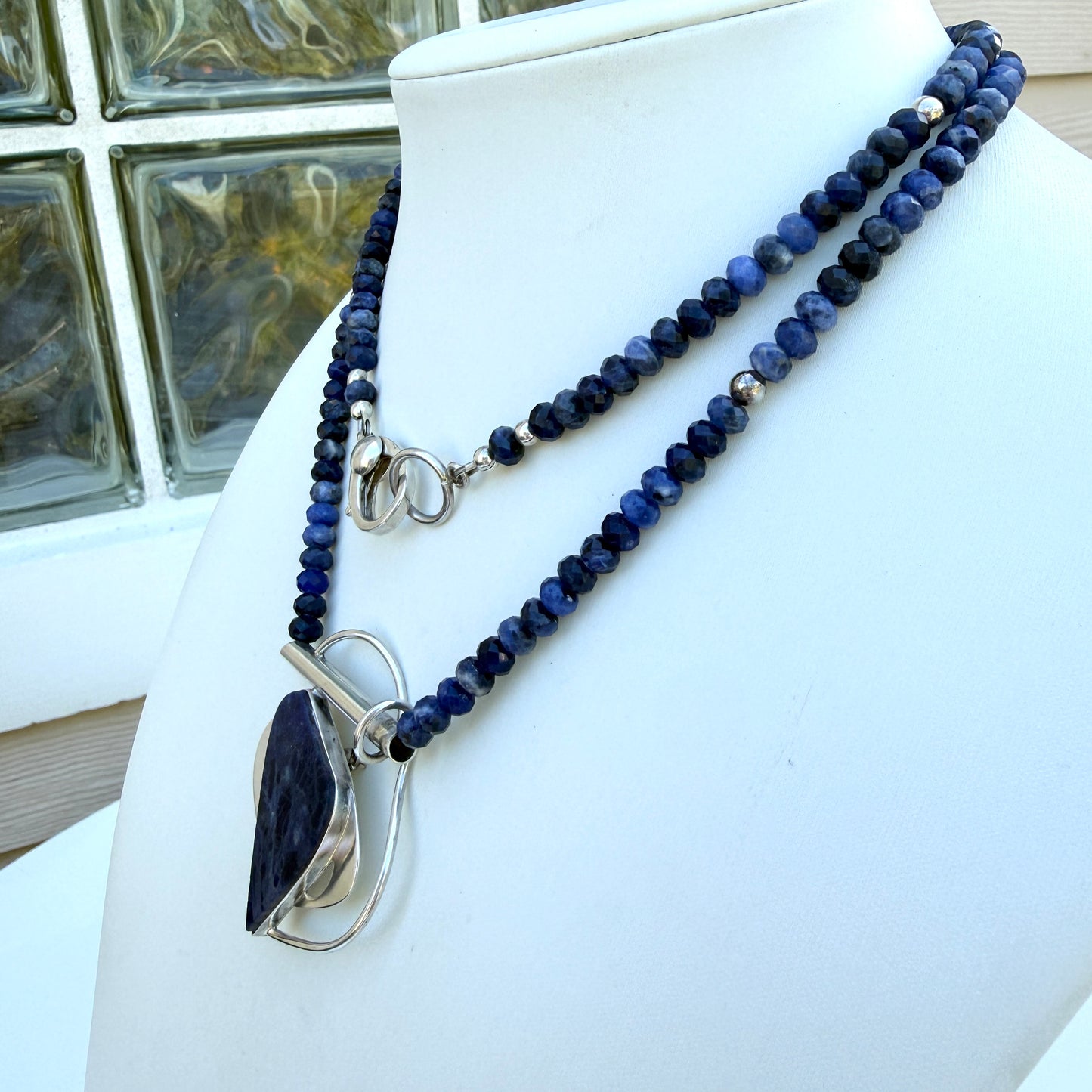 Contemporary. Sodalite. Cabochon. Sterling Silver Pendant. Faceted Blue Sodalite Beads. Long Necklace. Can be Doubled. Modern.OOAK