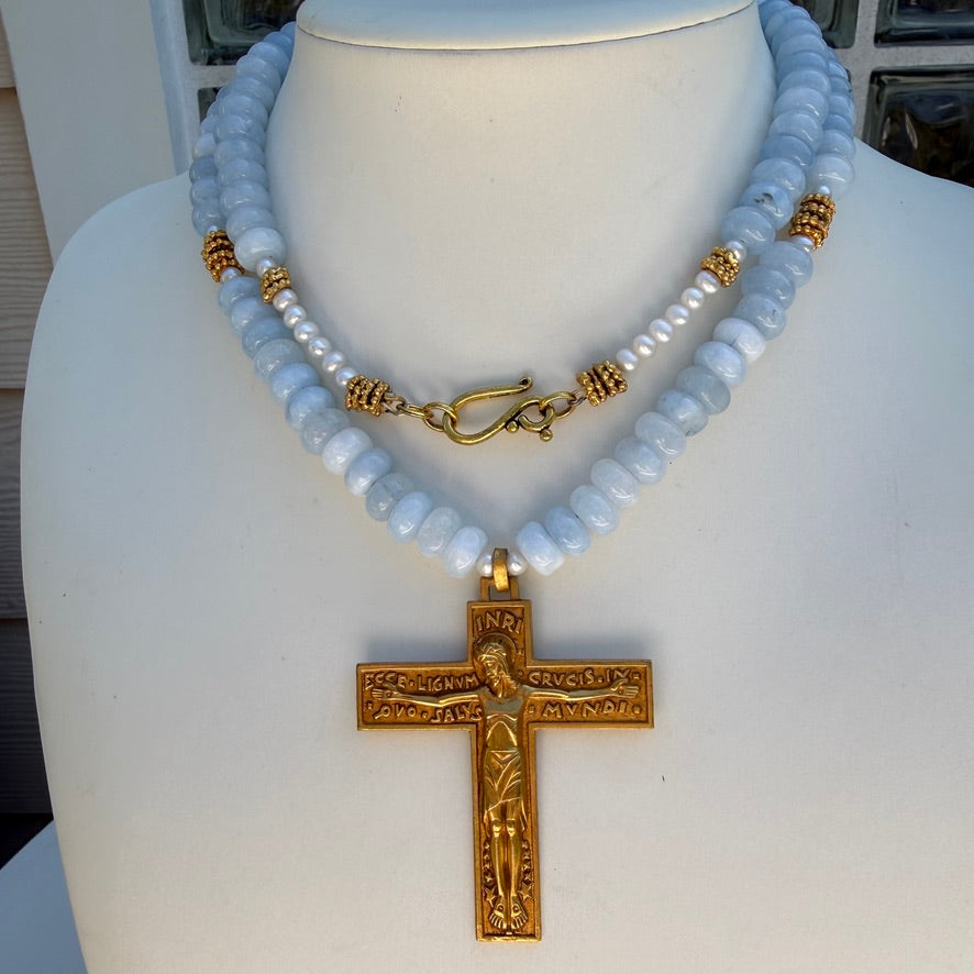 Art Deco French Gilded Crucifix. Aquamarine Jade Freshwater Pearl Necklace.