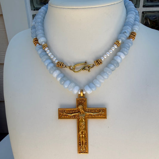 Art Deco French Gilded Crucifix. Aquamarine Jade Freshwater Pearl Necklace.
