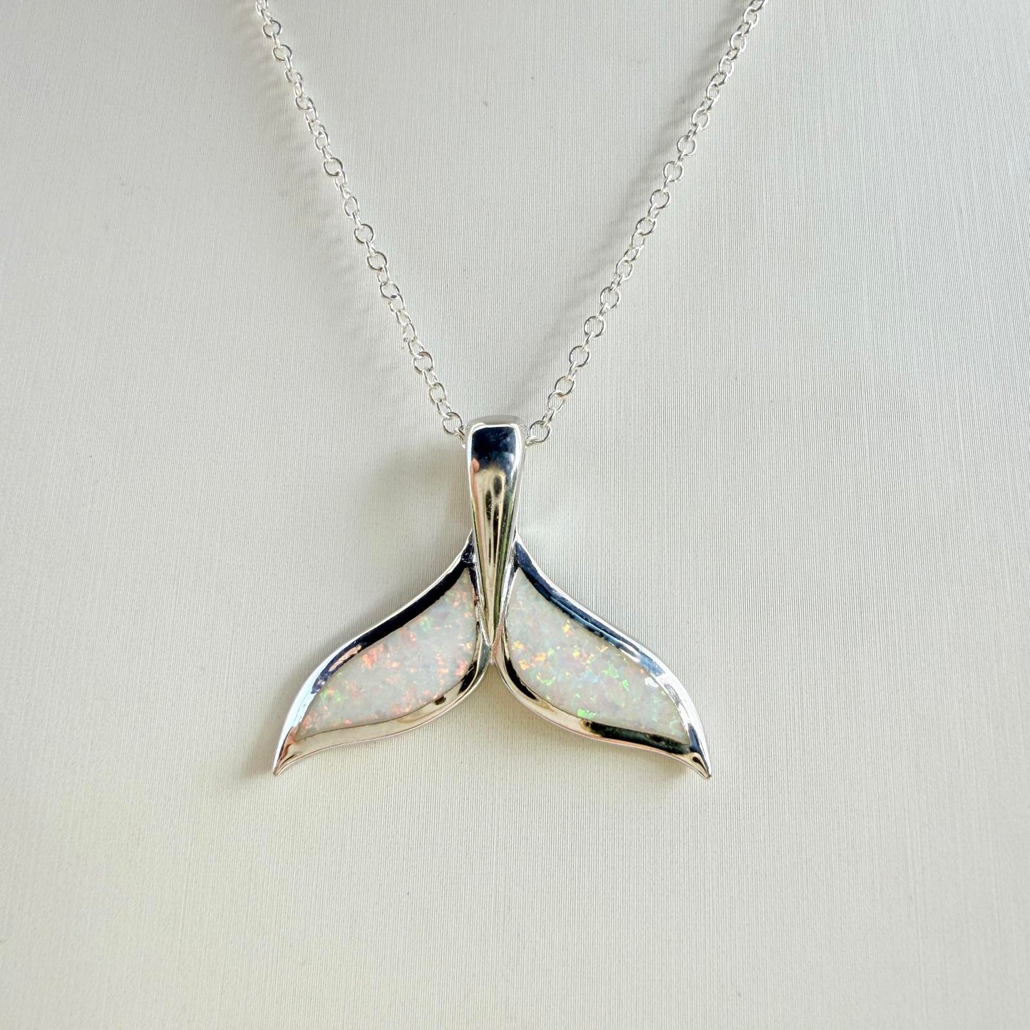 Whale Tail Pendant Sterling Silver with Opal Inlay | Ocean Necklace