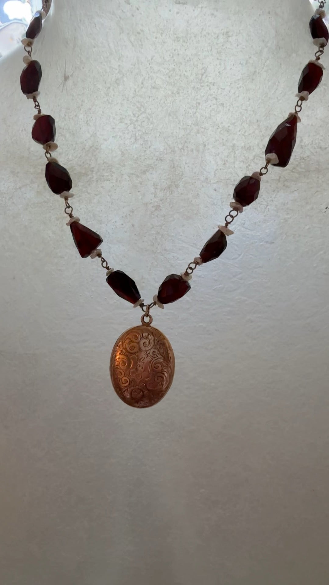 Vintage Locket. Garnet Nuggets Freshwater Pearl Necklace.
