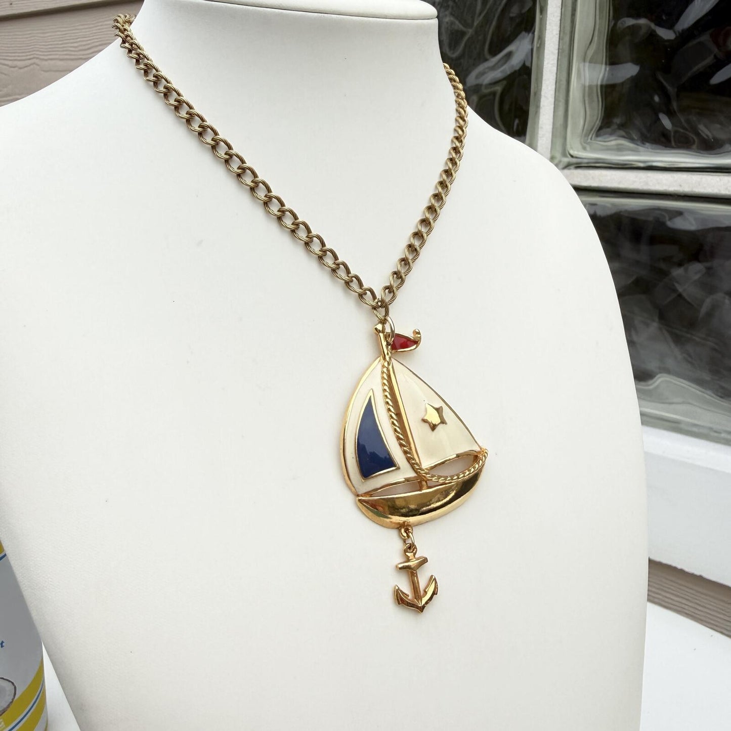 Vintage Avon Signed. Patriotic Sail Boat with Anchor Pendant.