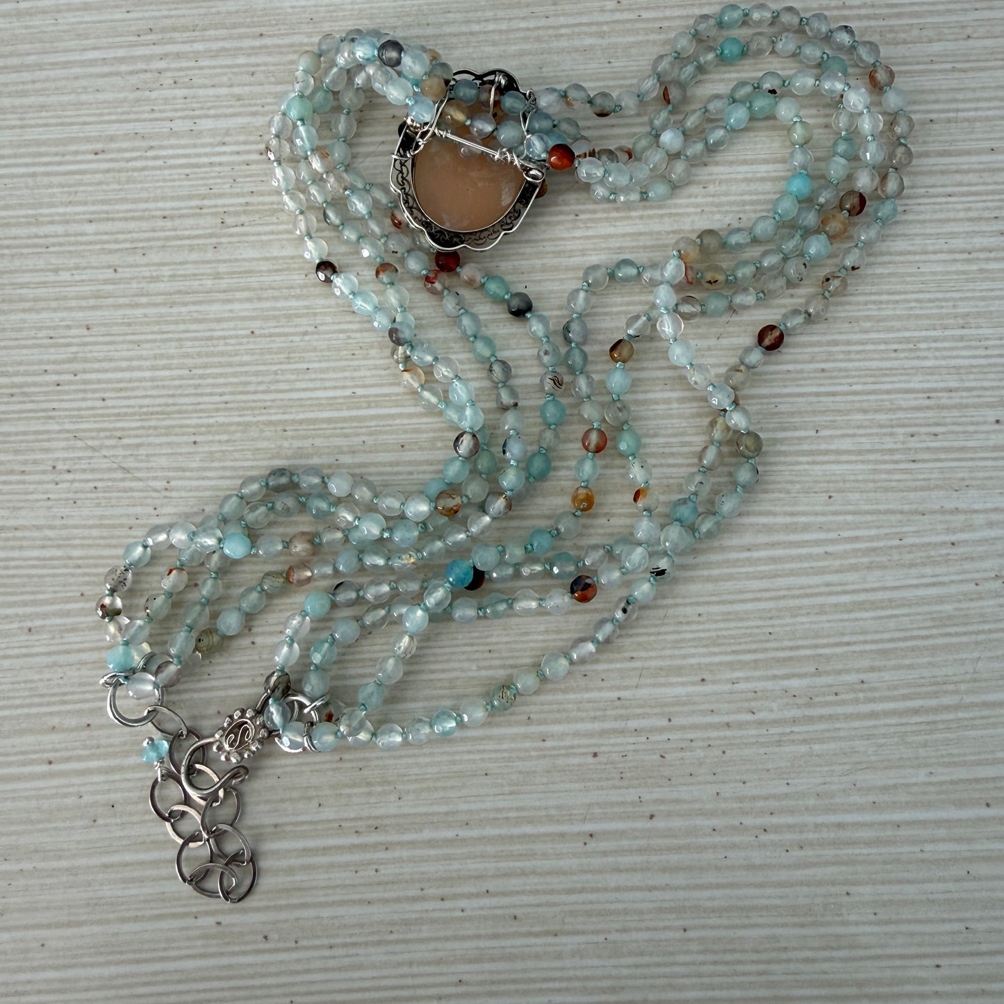 Vintage Cameo Necklace with Aqua Gemstone Strands |Sterling Silver Pendant.