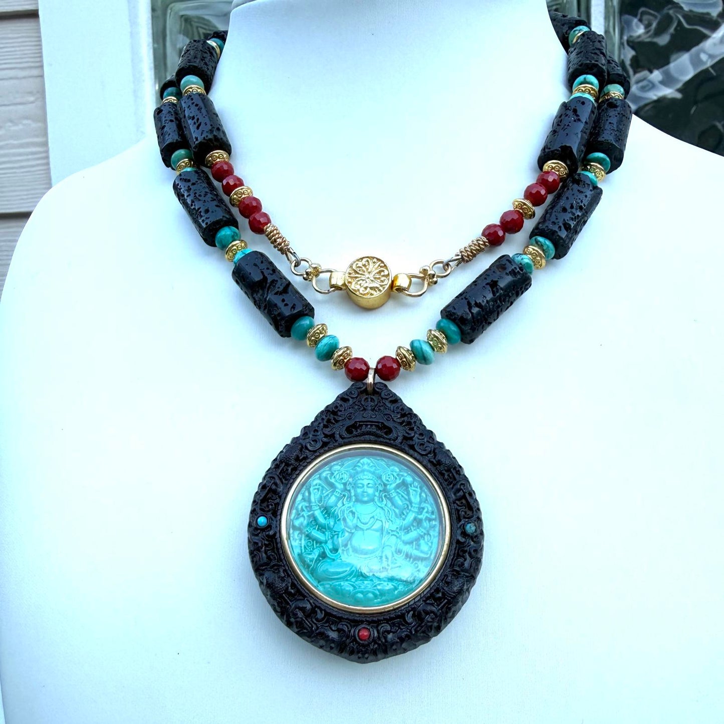 Turquoise Thousand-Hand Bodhisattva Zodiac Guardian Amulet Pendant Necklace.