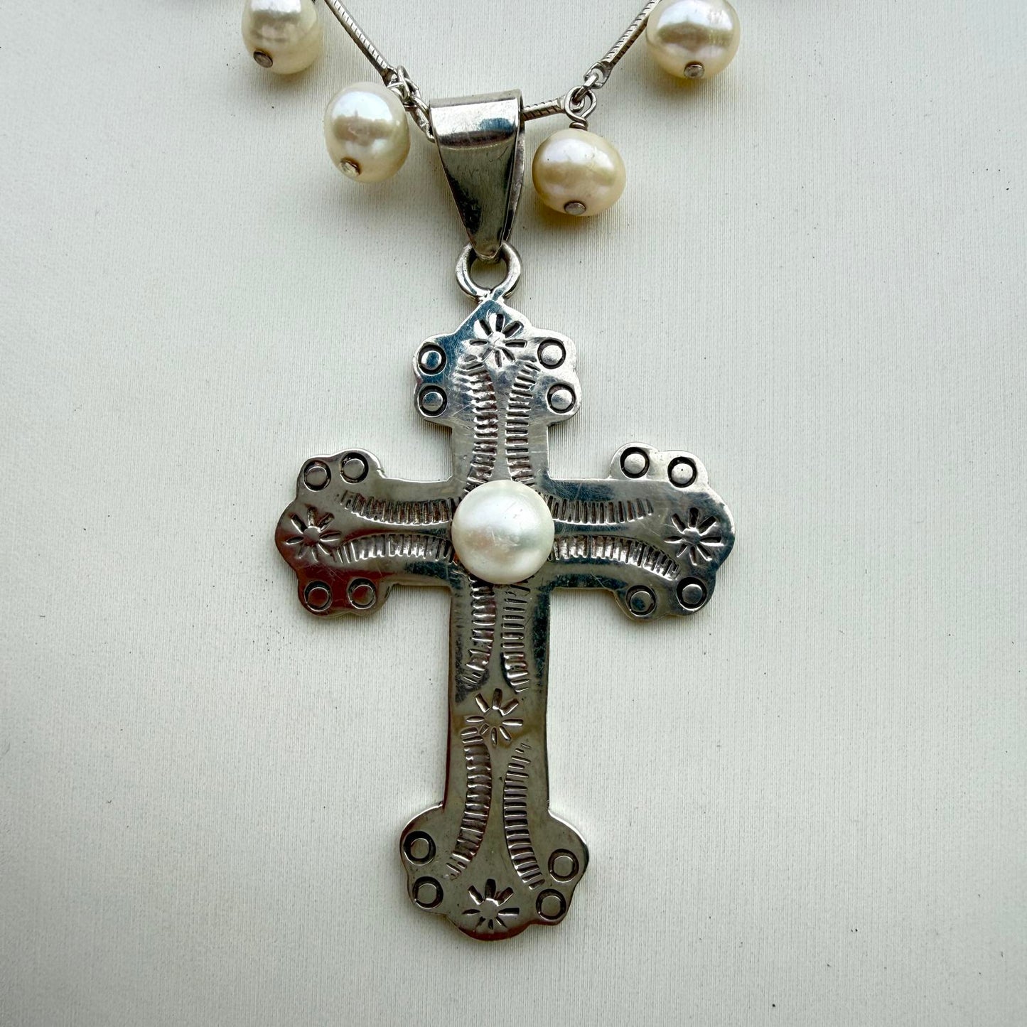 Vintage Sterling Silver Cross Necklace with Pearl Center Pendant.