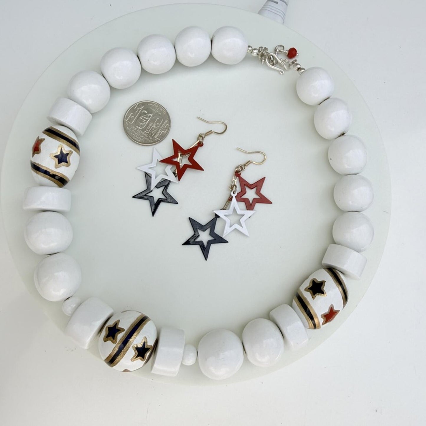 Handmade Patriotic Wood Bead Necklace July 4th Red White Blue Statement Necklace