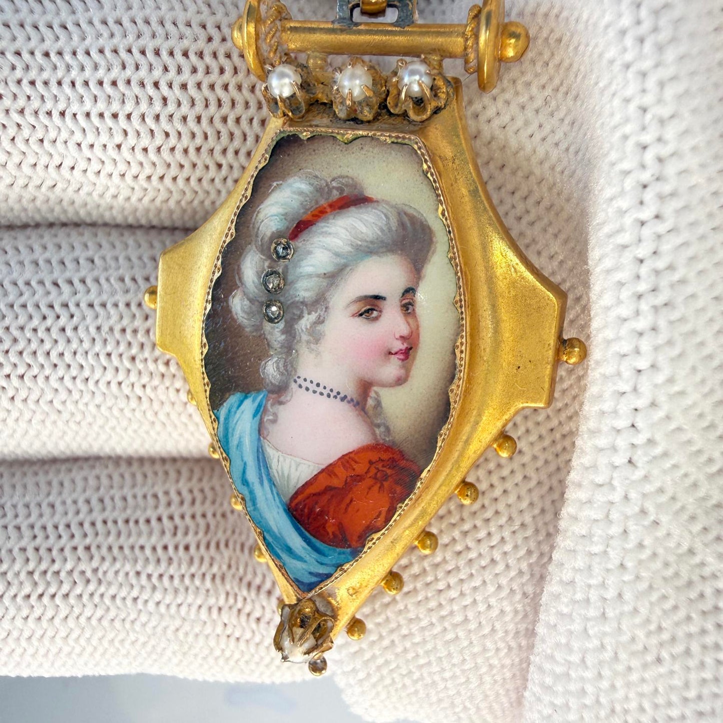 Vintage Mourning Locket Portrait Pendant. Pearls and Diamonds.