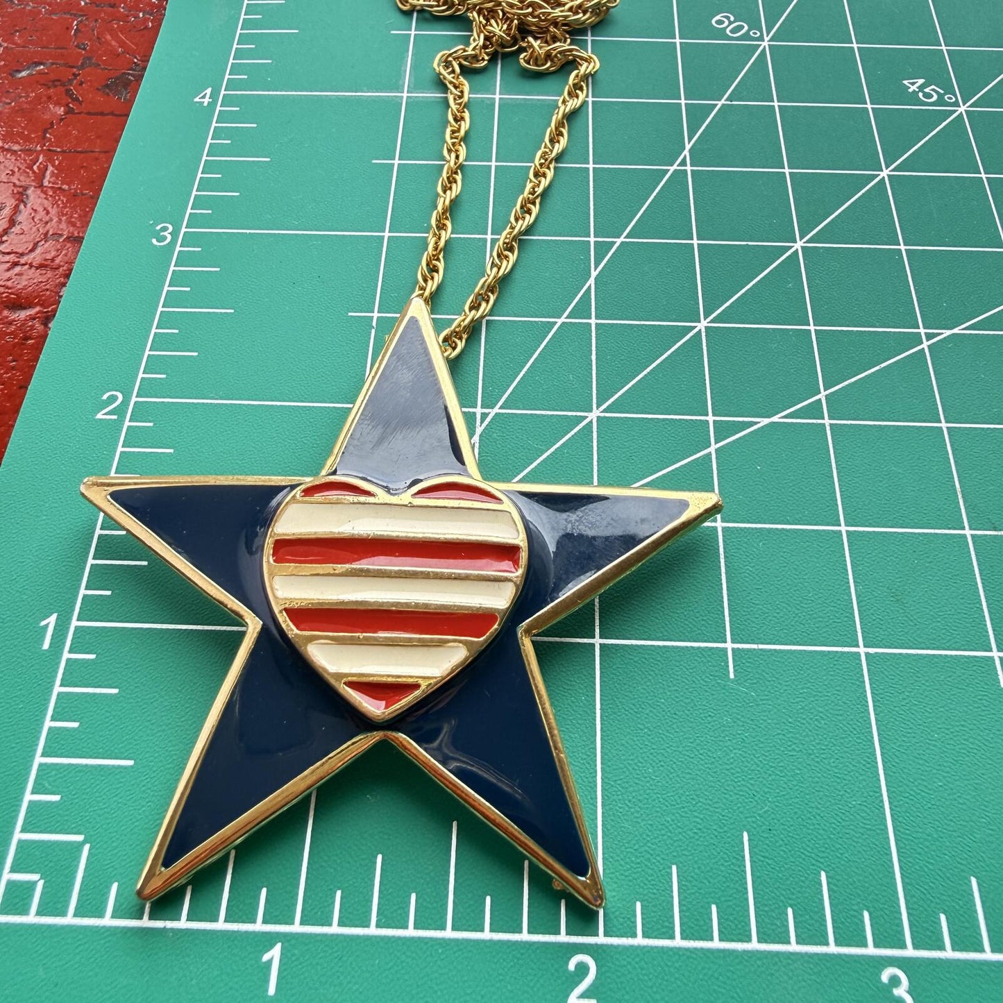 Vintage Signed Rion Patriotic Necklace. Red White Blue Heart and Star.