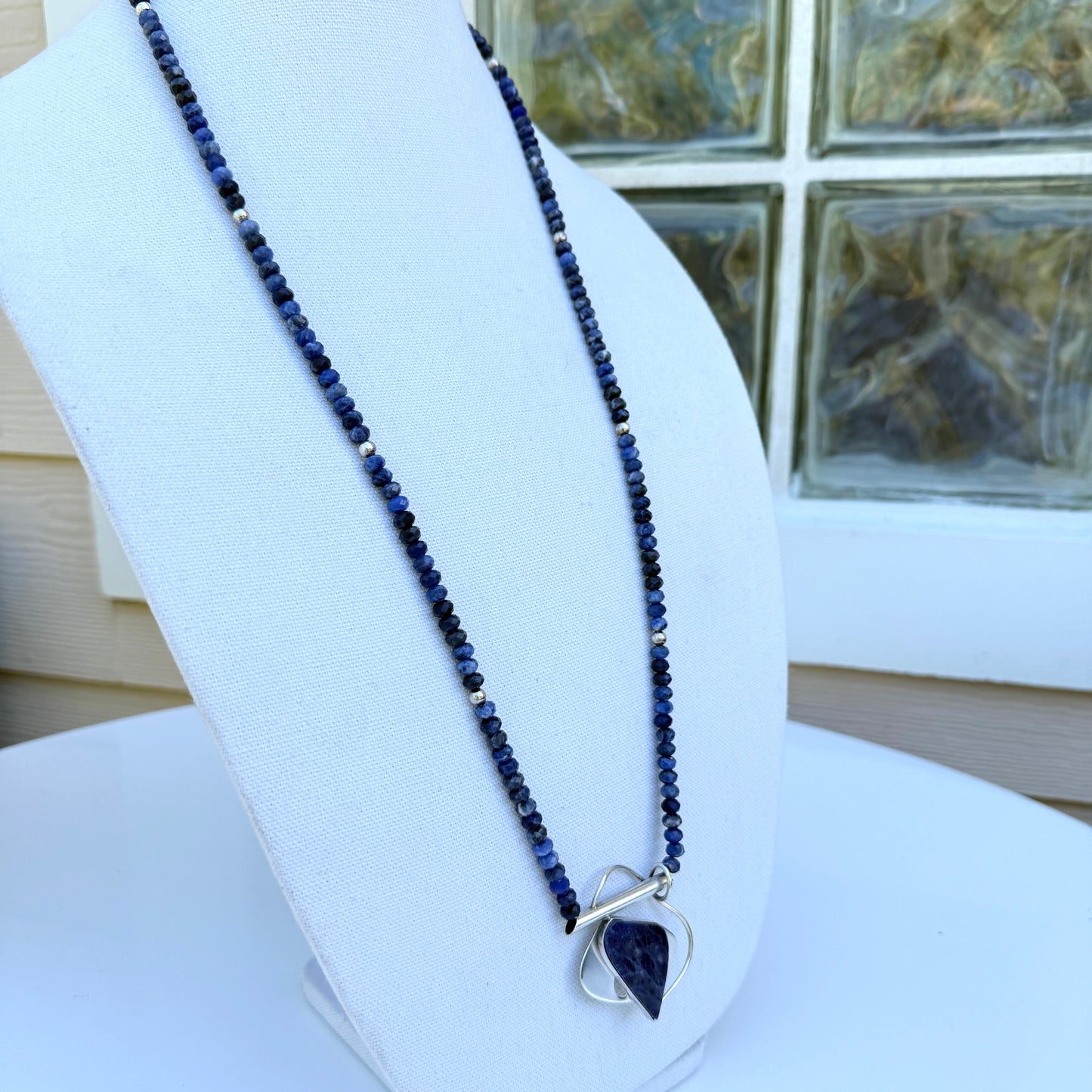 Contemporary. Sodalite. Cabochon. Sterling Silver Pendant. Faceted Blue Sodalite Beads. Long Necklace. Can be Doubled. Modern.OOAK
