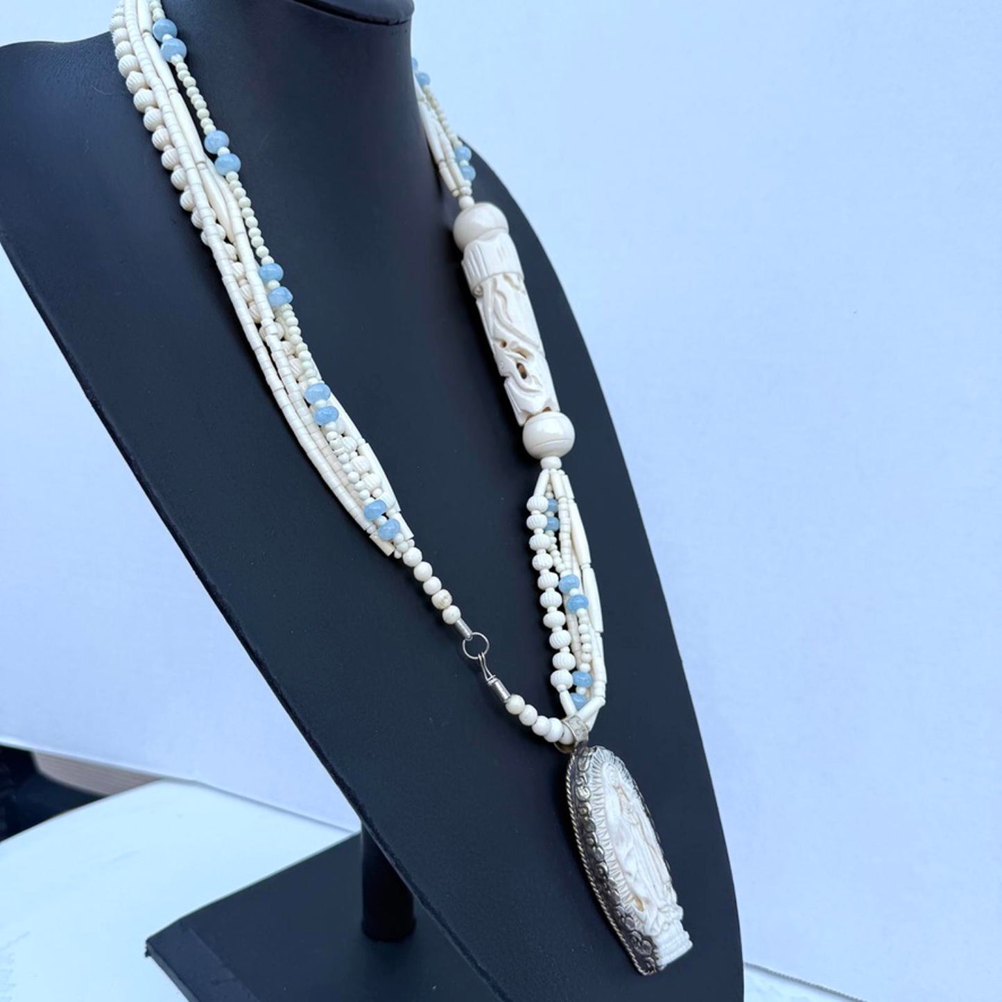 Virgin Mary Carved Bone Pendant on Vintage Multi-Strand Bone Necklace