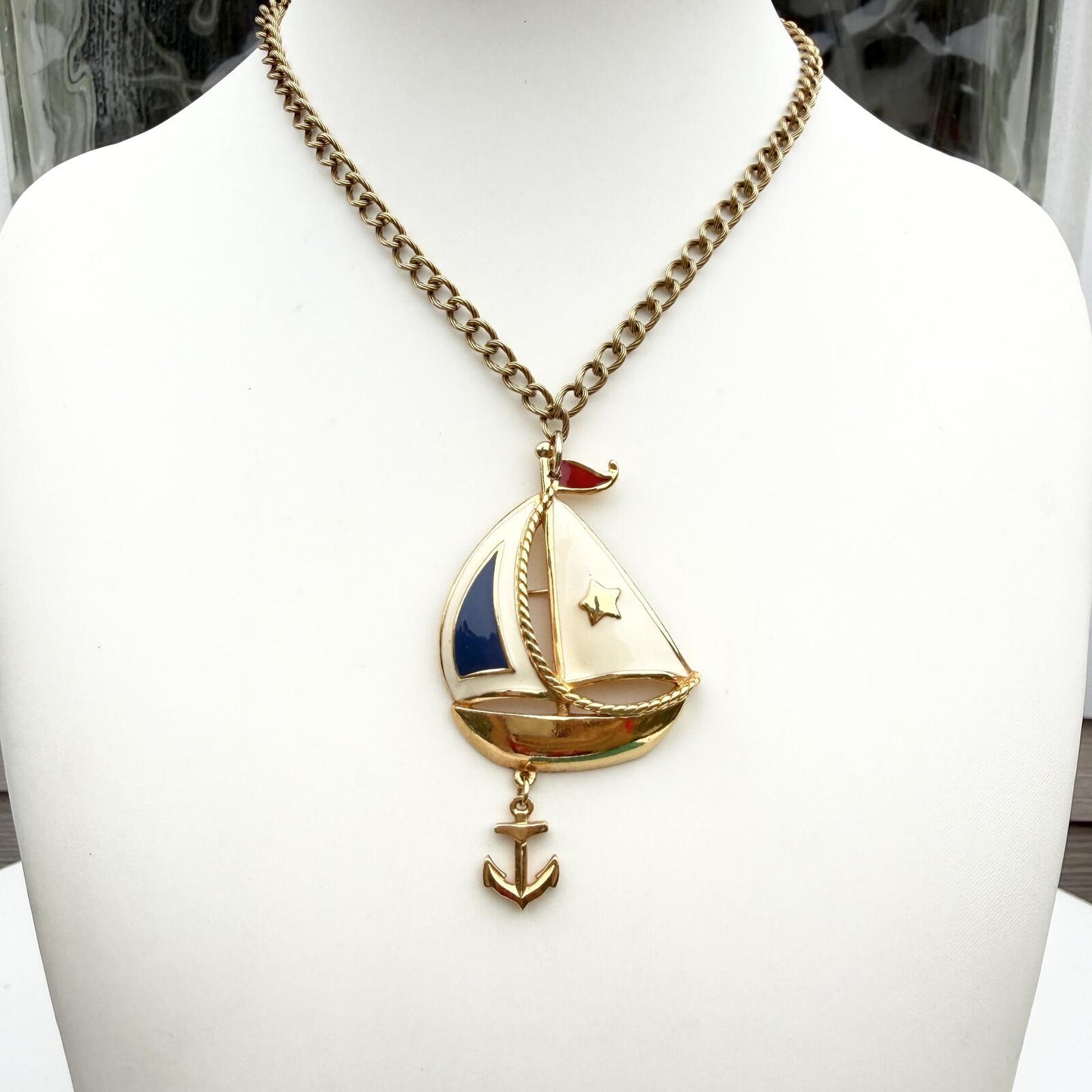 Vintage Avon Signed. Patriotic Sail Boat with Anchor Pendant.
