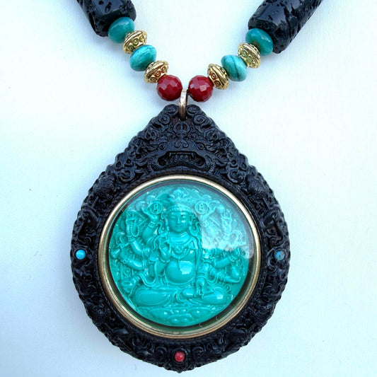 Turquoise Thousand-Hand Bodhisattva Zodiac Guardian Amulet Pendant Necklace.