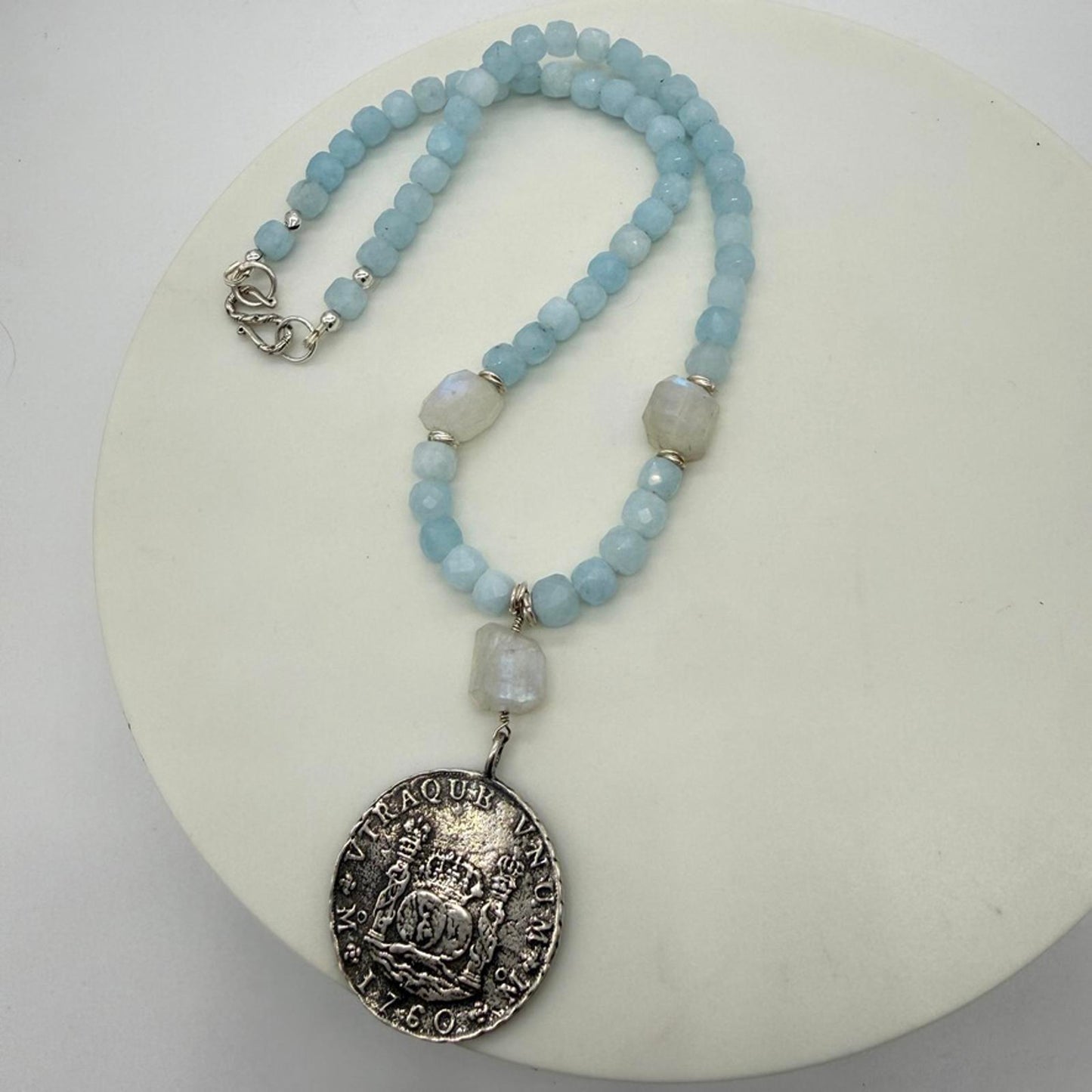 Vintage Spanish Coin Necklace – Blue Jade. Moonstones. Silver Medallion Pendant