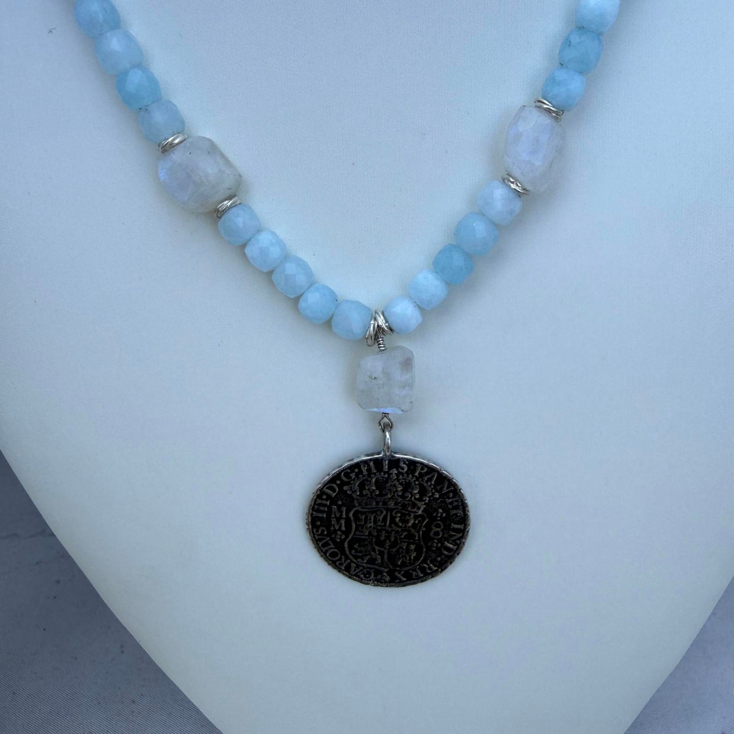 Vintage Spanish Coin Necklace – Blue Jade. Moonstones. Silver Medallion Pendant