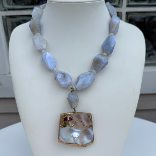 Blue Lace Agate Nugget Necklace. Shell Pendant Necklace Nucleated Pearl.