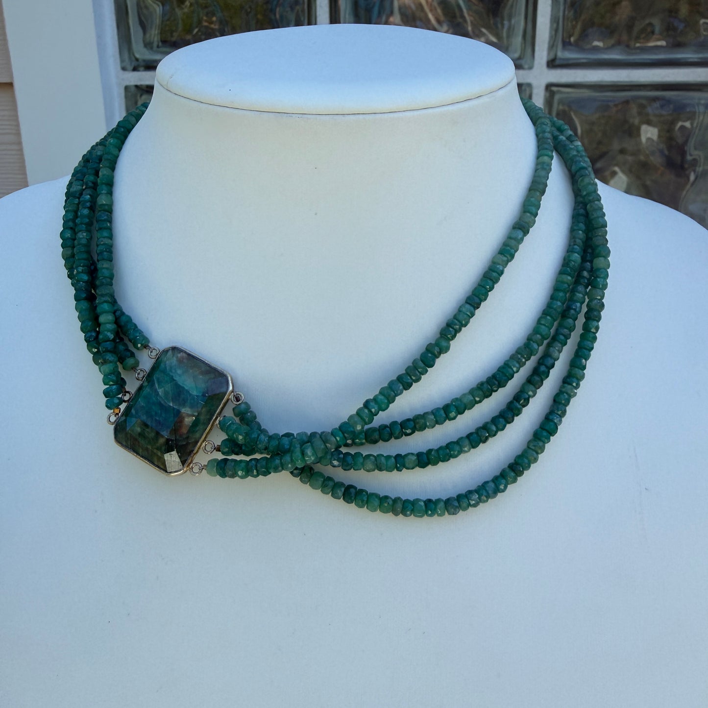 Vintage. Emerald Green Agate Cabochon. Set in Sterling Silver With A Gold Finish. Four strands of green agate.