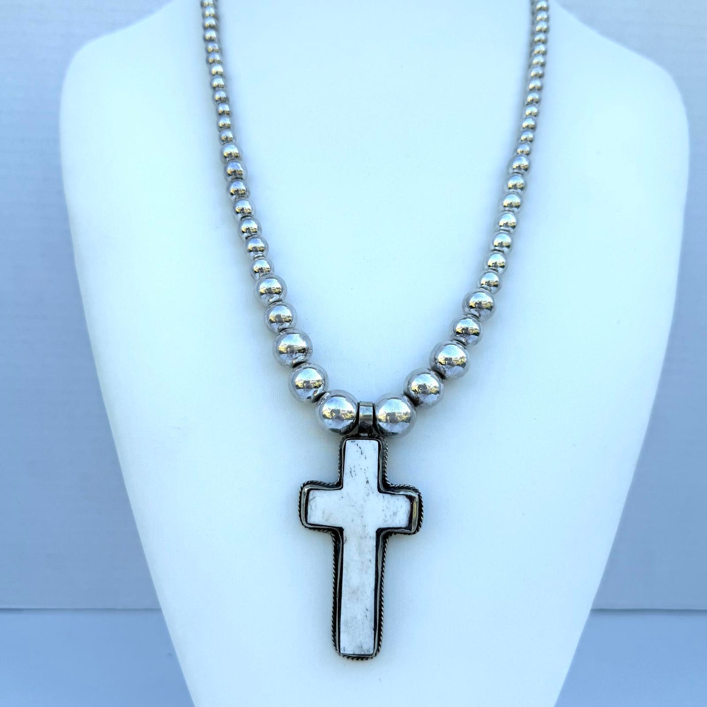 Graduated Silver Navajo Pearl Necklace. Bone Cross Pendant Southwestern Jewelry.