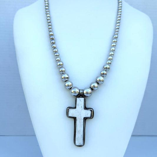 Graduated Silver Navajo Pearl Necklace. Bone Cross Pendant Southwestern Jewelry.
