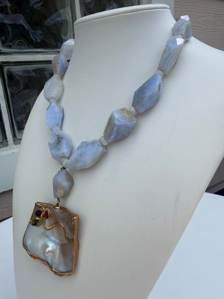 Blue Lace Agate Nugget Necklace. Shell Pendant Necklace Nucleated Pearl.