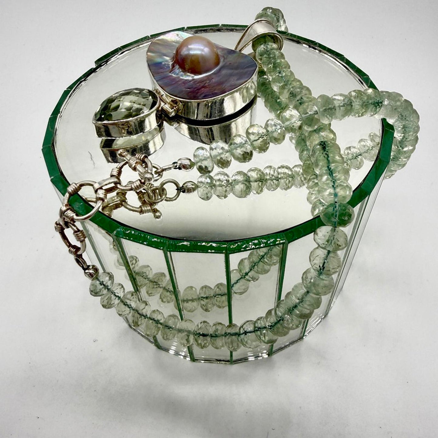Vintage Green Amethyst & Mabé Pearl Pendant Necklace. Sterling Silver Setting.
