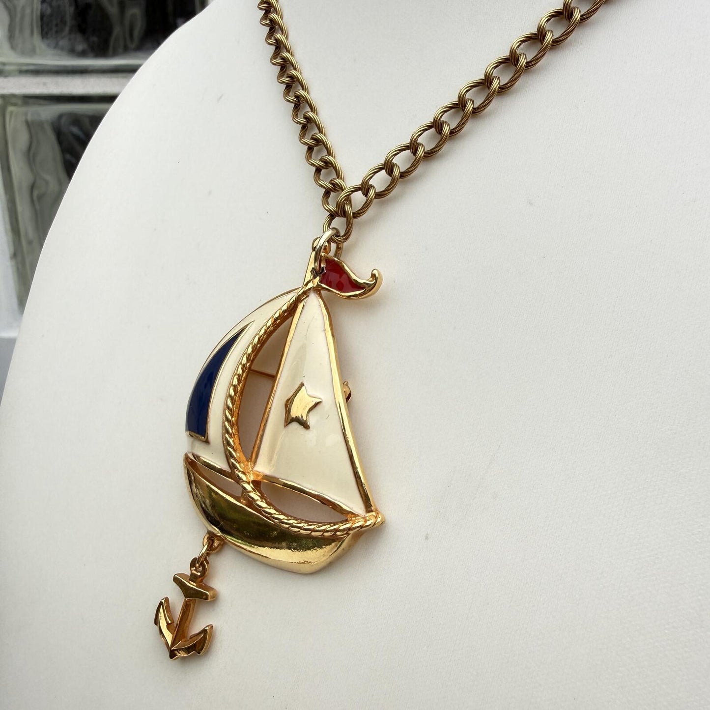 Vintage Avon Signed. Patriotic Sail Boat with Anchor Pendant.