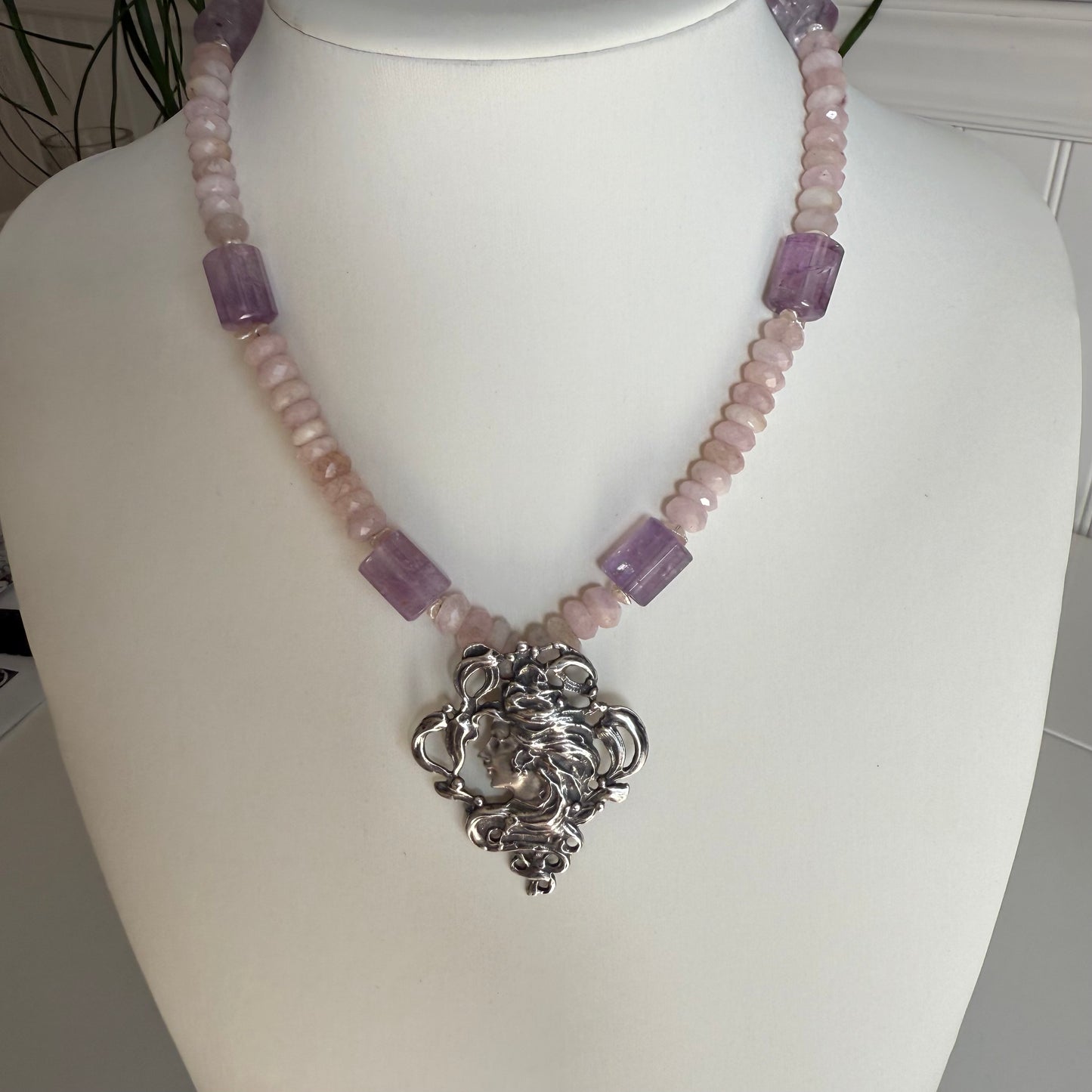 Vintage Art Nouveau Pendant Necklace.  Sterling Silver Amethyst Rose Quartz Freshwater Pearls Necklace.