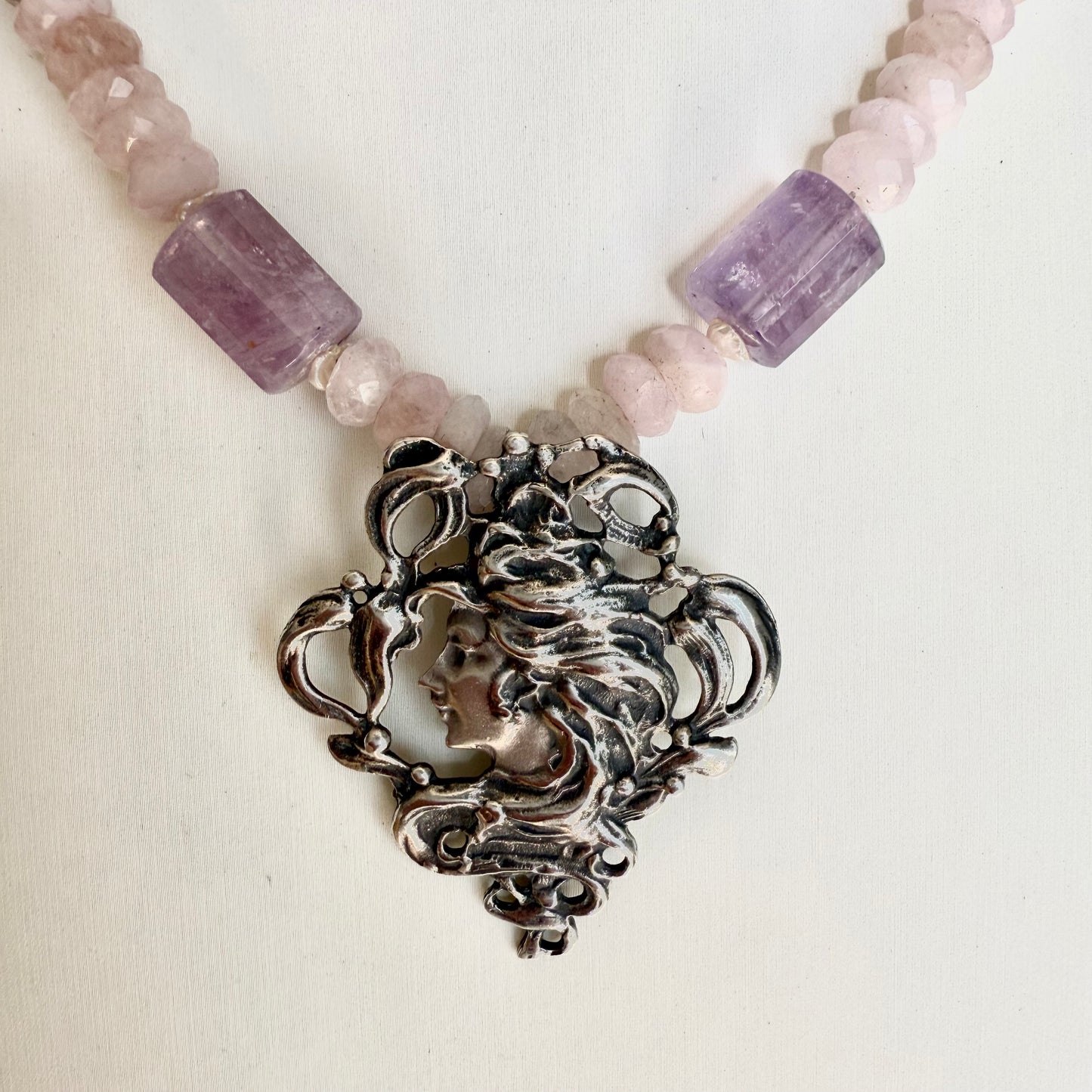Vintage Art Nouveau Pendant Necklace.  Sterling Silver Amethyst Rose Quartz Freshwater Pearls Necklace.