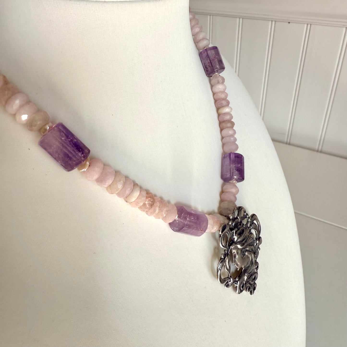 Vintage Art Nouveau Pendant Necklace.  Sterling Silver Amethyst Rose Quartz Freshwater Pearls Necklace.