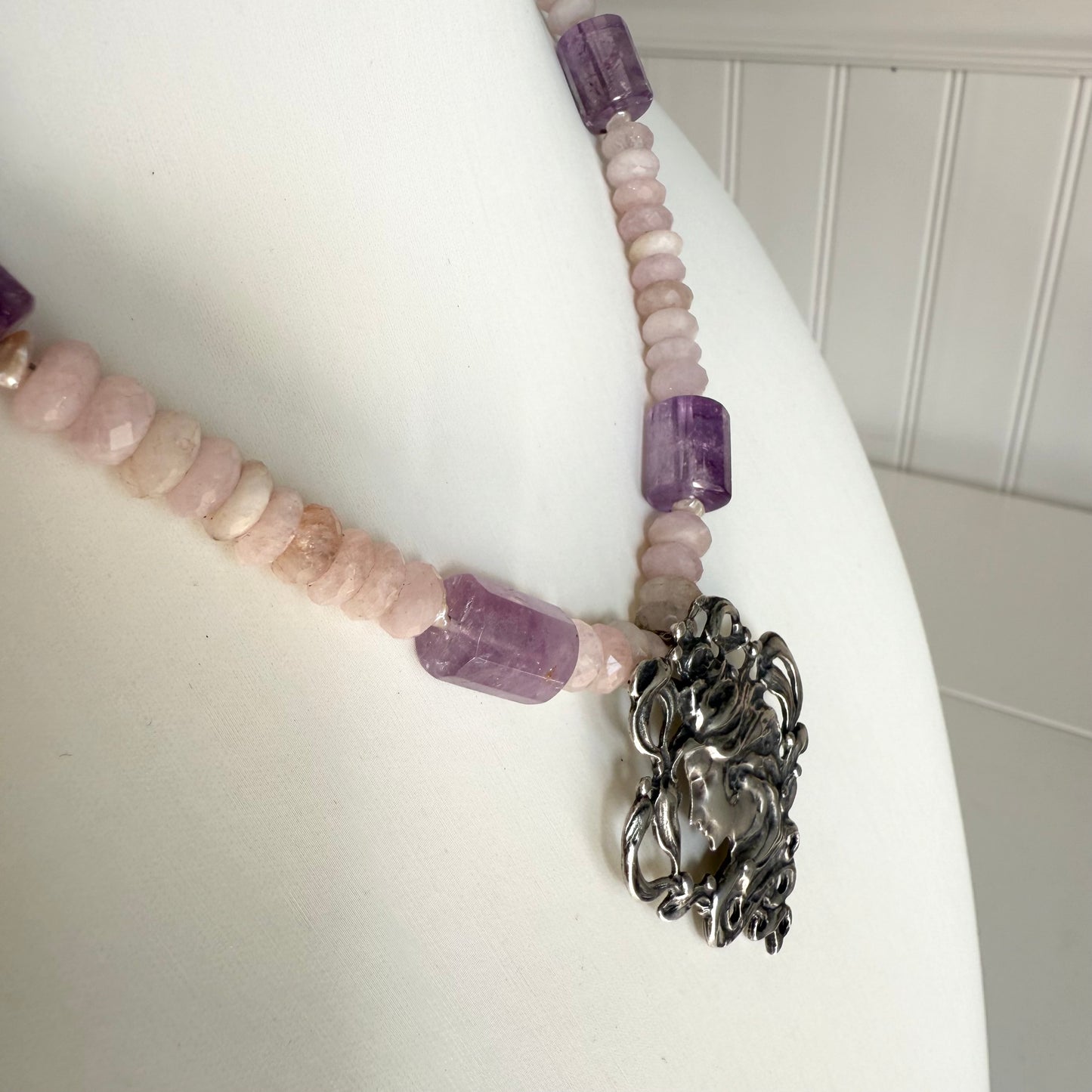 Vintage Art Nouveau Pendant Necklace.  Sterling Silver Amethyst Rose Quartz Freshwater Pearls Necklace.