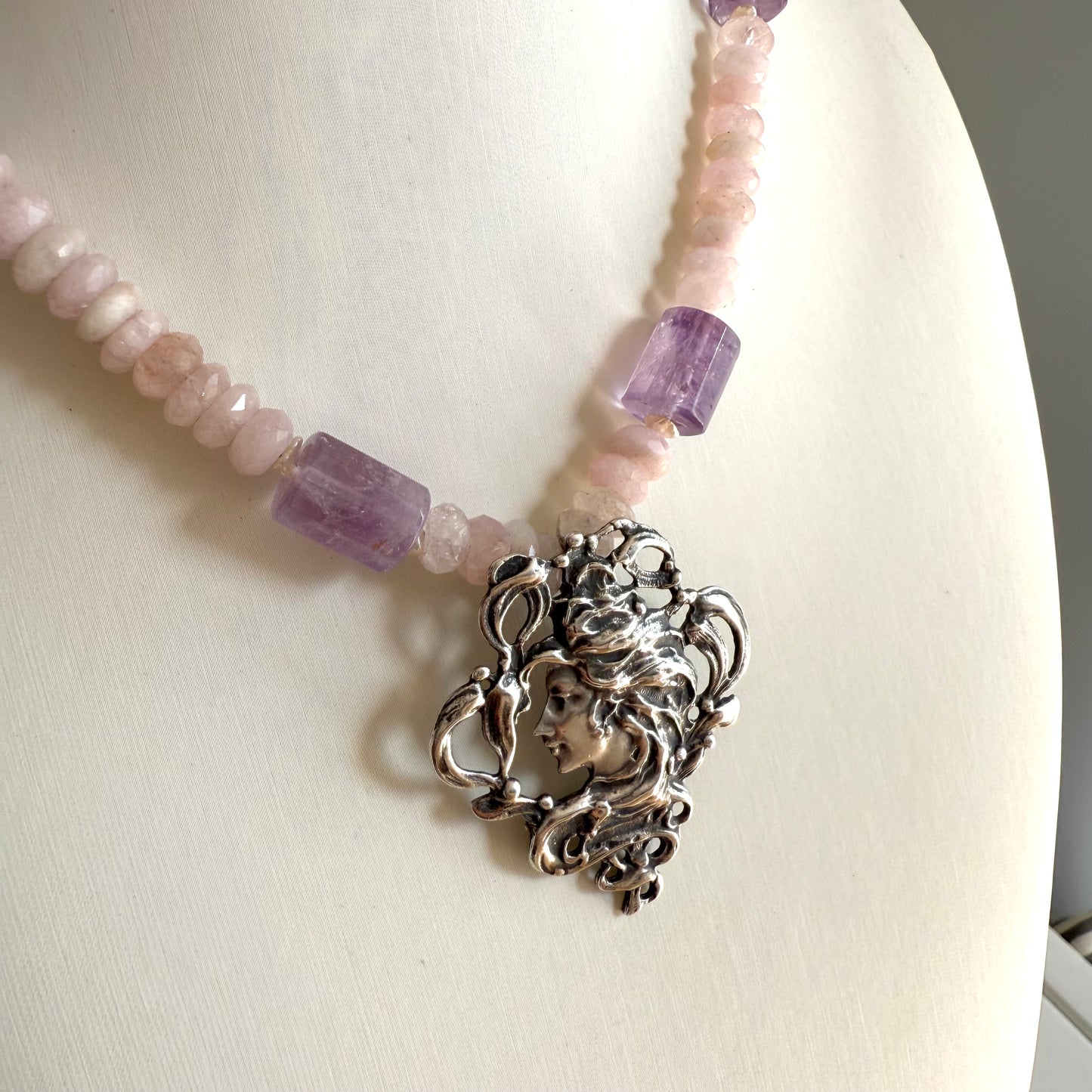 Vintage Art Nouveau Pendant Necklace.  Sterling Silver Amethyst Rose Quartz Freshwater Pearls Necklace.