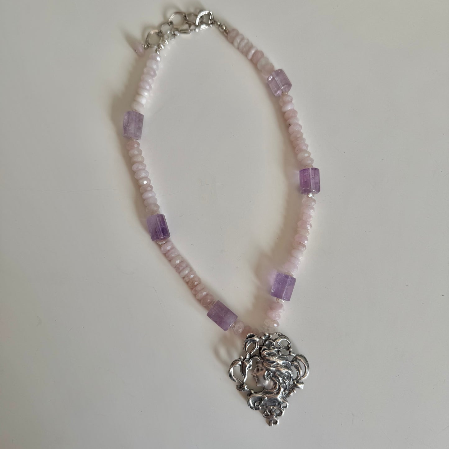 Vintage Art Nouveau Pendant Necklace.  Sterling Silver Amethyst Rose Quartz Freshwater Pearls Necklace.
