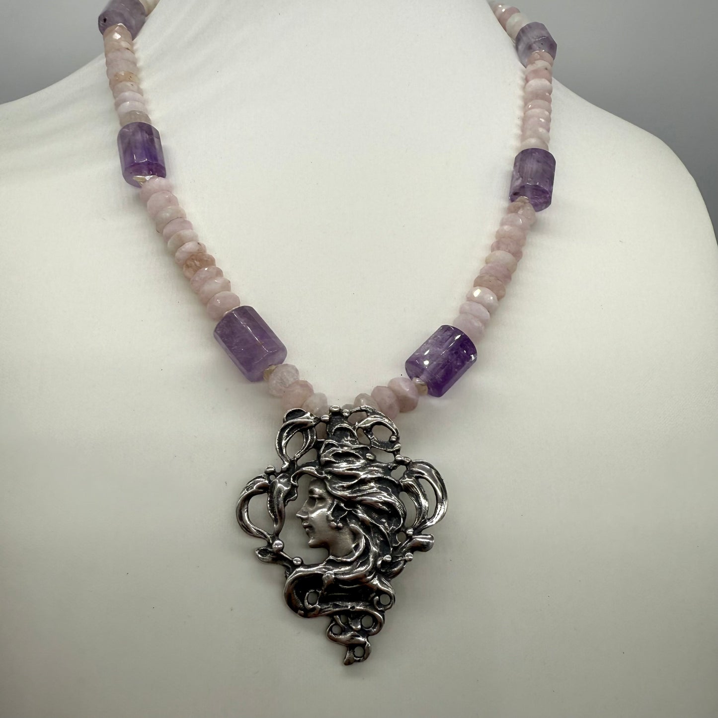 Vintage Art Nouveau Pendant Necklace.  Sterling Silver Amethyst Rose Quartz Freshwater Pearls Necklace.