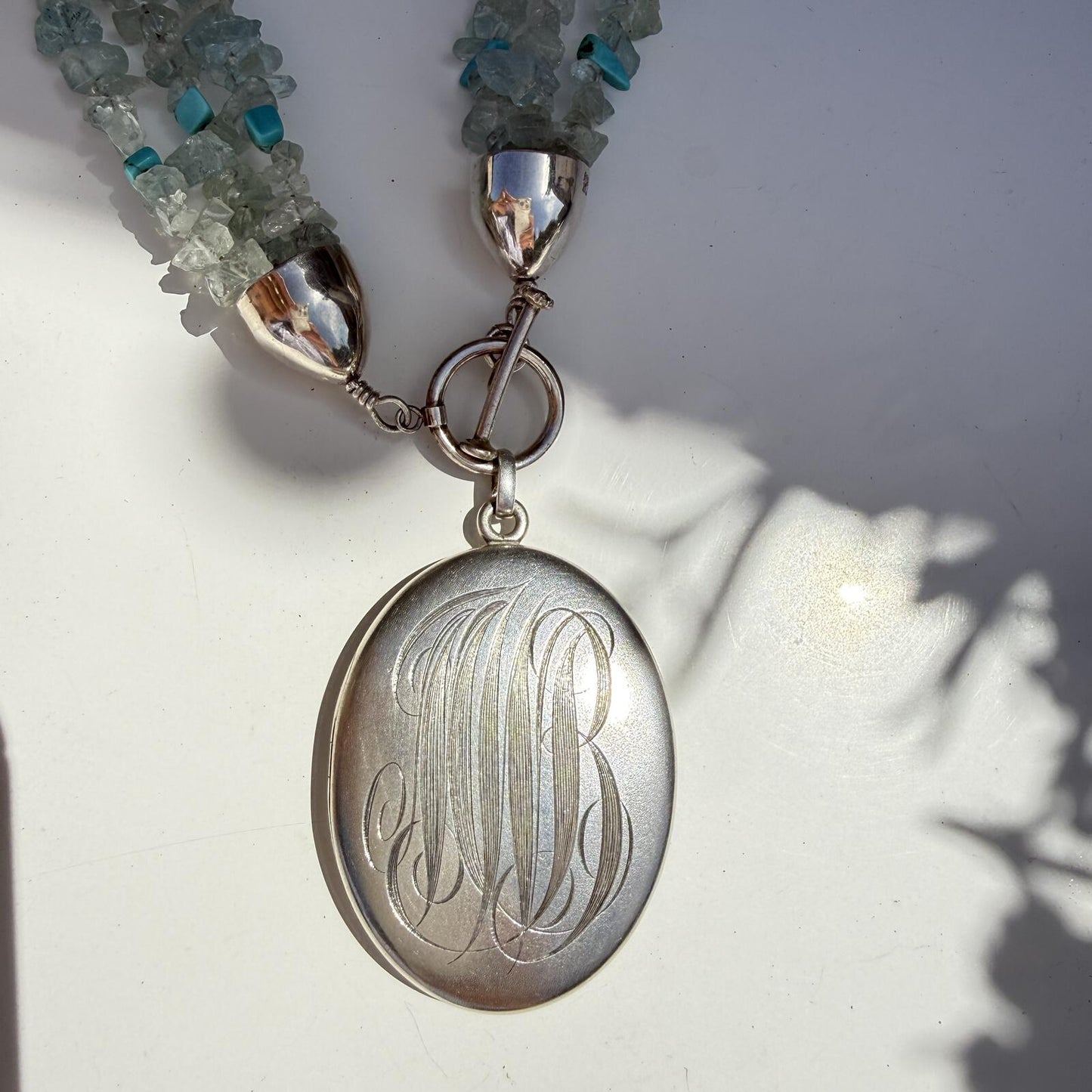Antique Sterling Silver Monogram Locket. Vintage DTR Apitate Turquoise 3 Strand