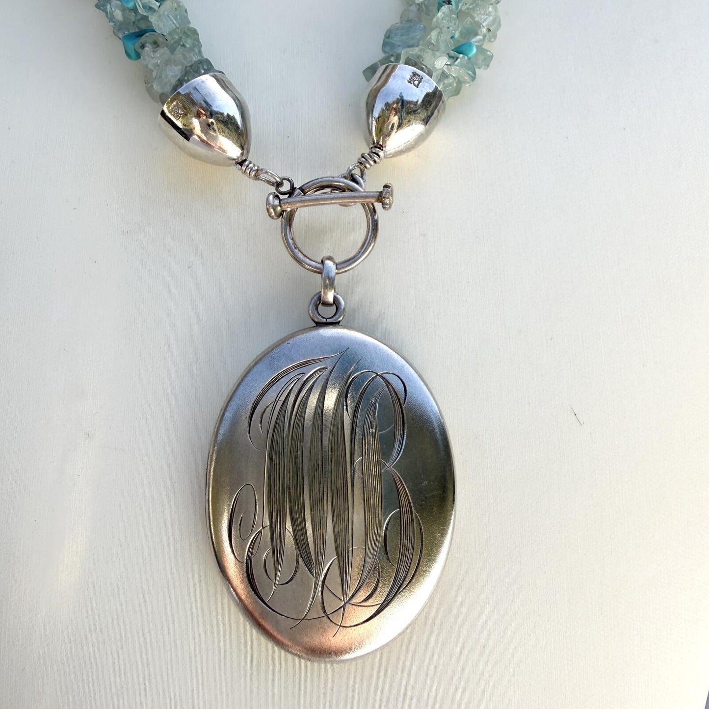 Antique Sterling Silver Monogram Locket. Vintage DTR Apitate Turquoise 3 Strand