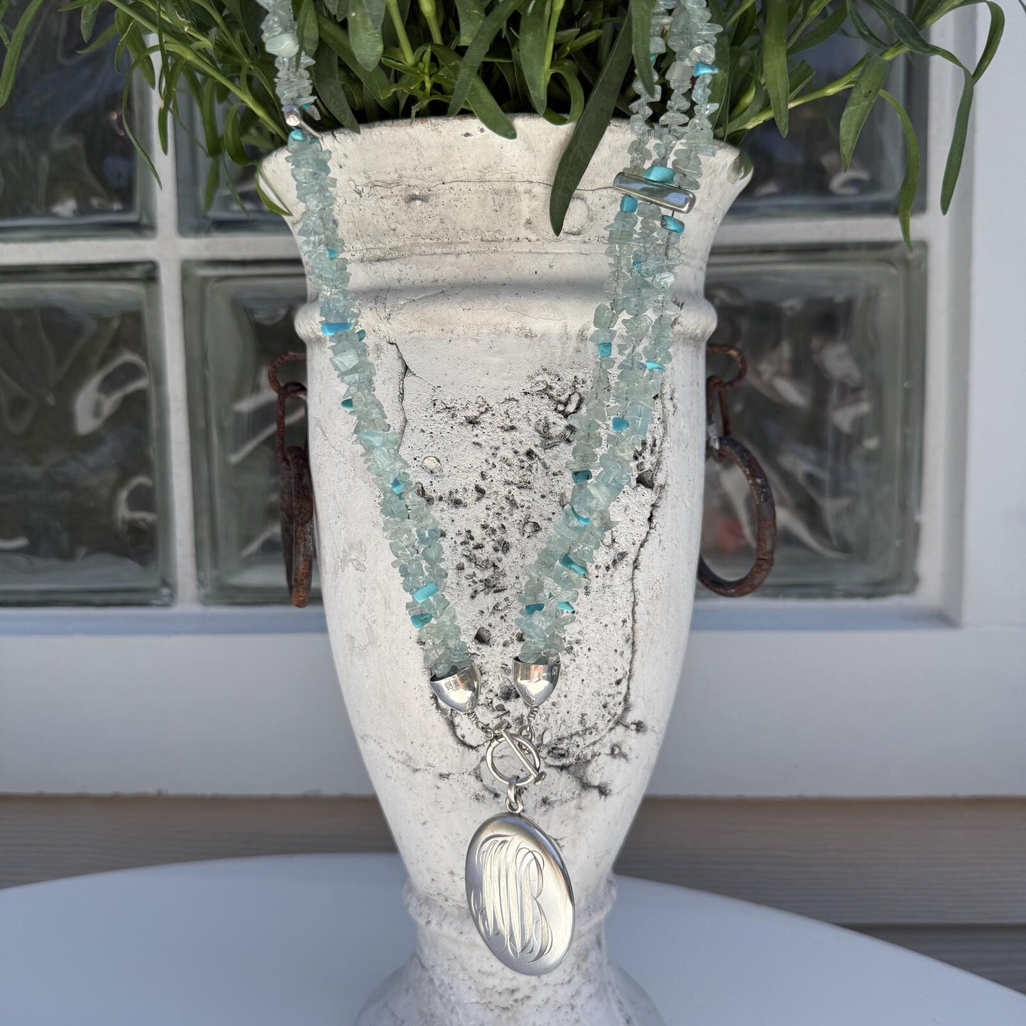 Antique Sterling Silver Monogram Locket. Vintage DTR Apitate Turquoise 3 Strand