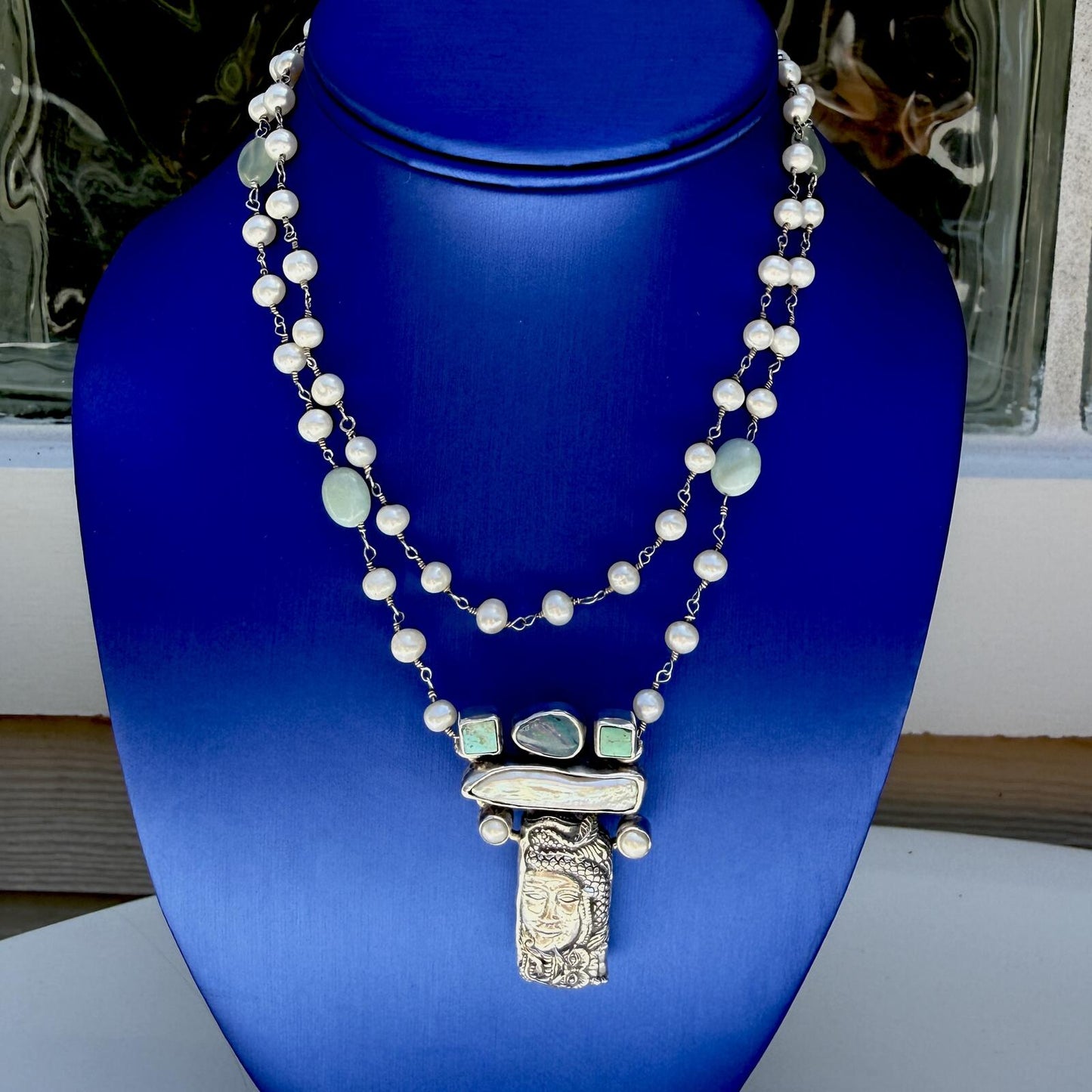 Vintage  Sterling Silver Necklace | Pearls Opal Turquoise Gemstones
