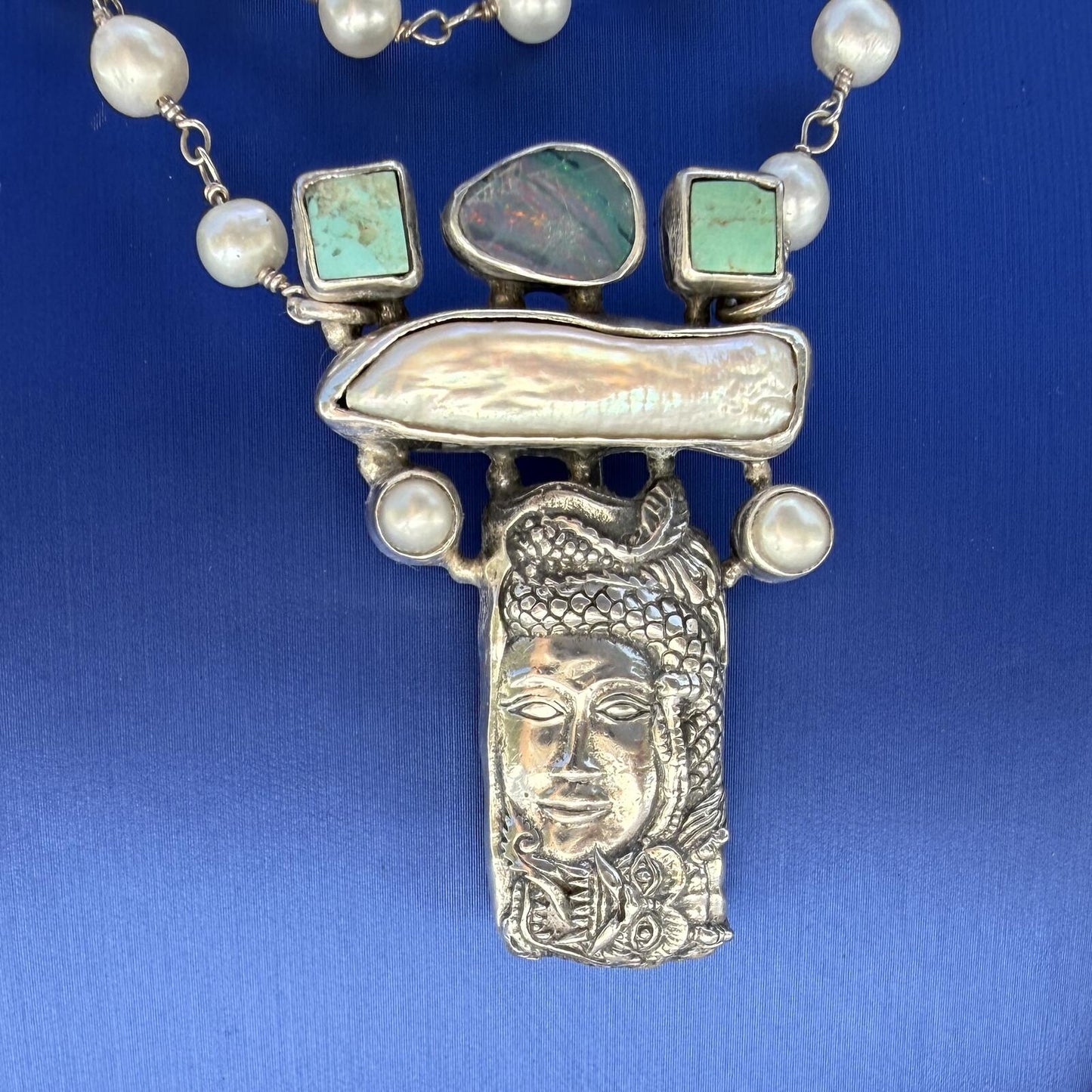 Vintage  Sterling Silver Necklace | Pearls Opal Turquoise Gemstones