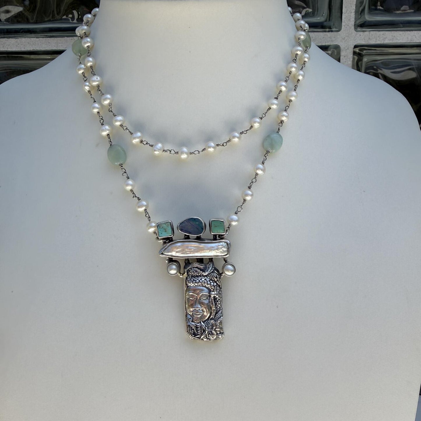 Vintage  Sterling Silver Necklace | Pearls Opal Turquoise Gemstones