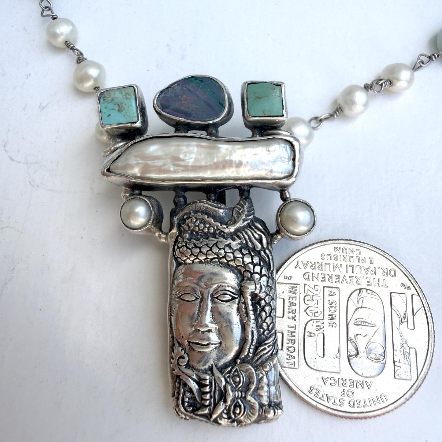 Vintage  Sterling Silver Necklace | Pearls Opal Turquoise Gemstones