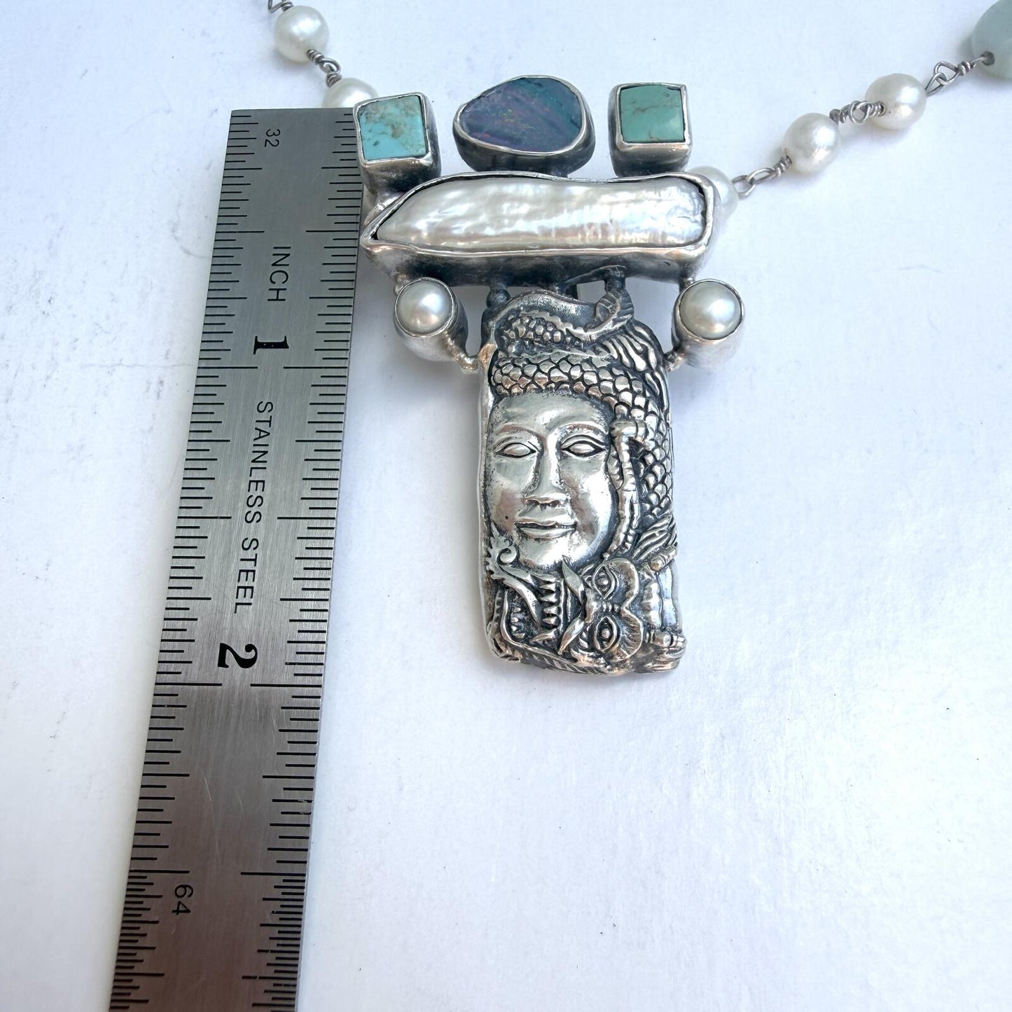 Vintage  Sterling Silver Necklace | Pearls Opal Turquoise Gemstones