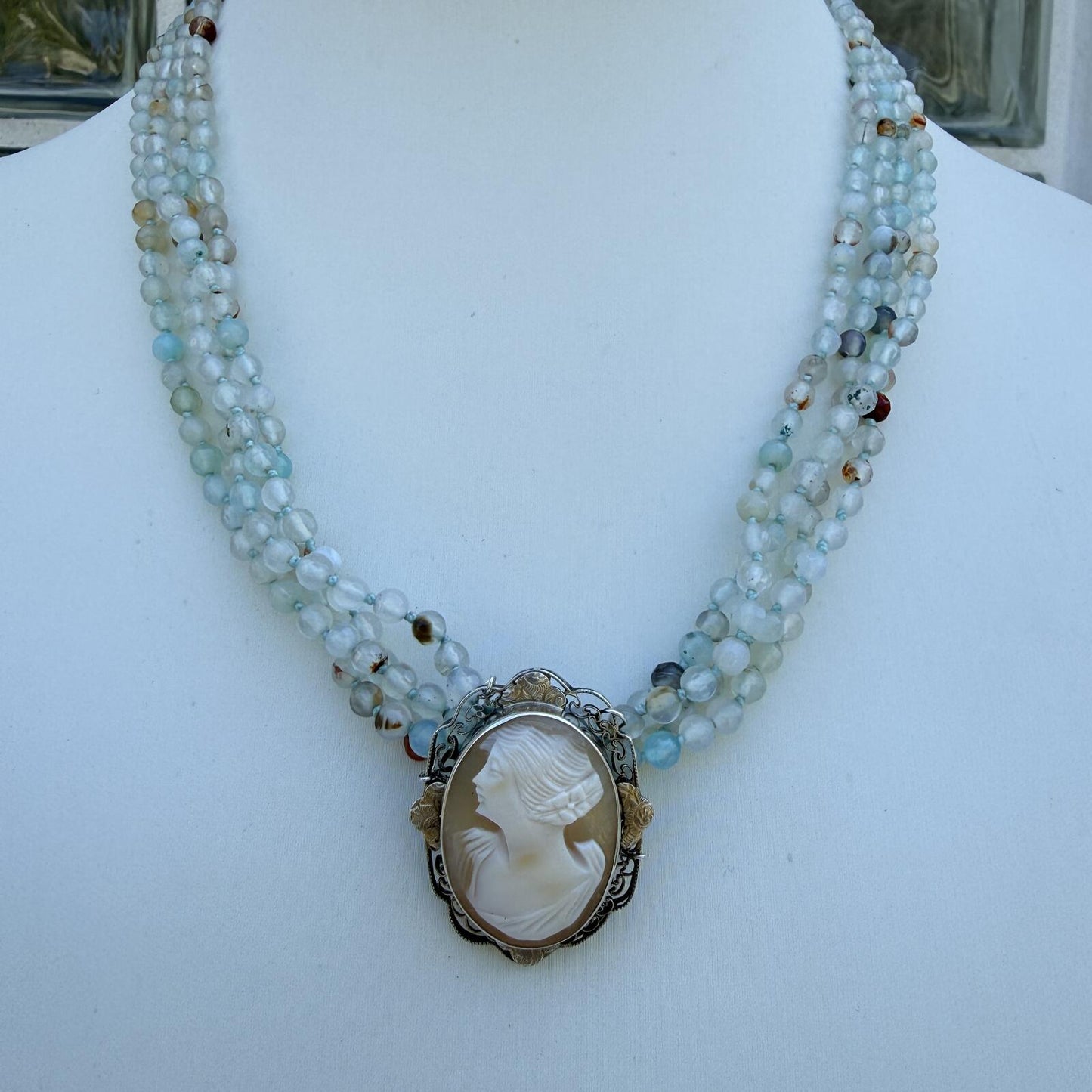 Vintage Cameo Necklace with Aqua Gemstone Strands |Sterling Silver Pendant.