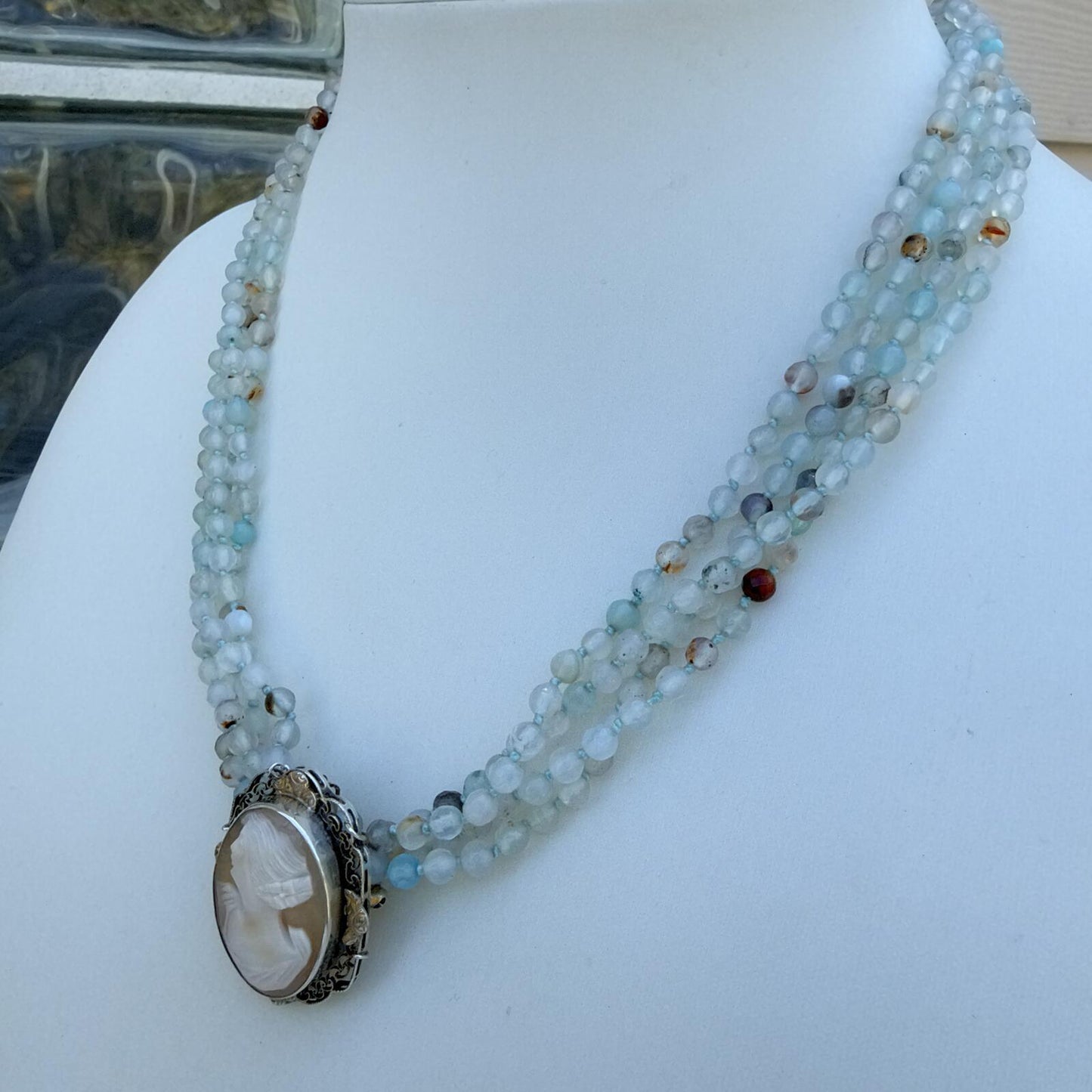 Vintage Cameo Necklace with Aqua Gemstone Strands |Sterling Silver Pendant.