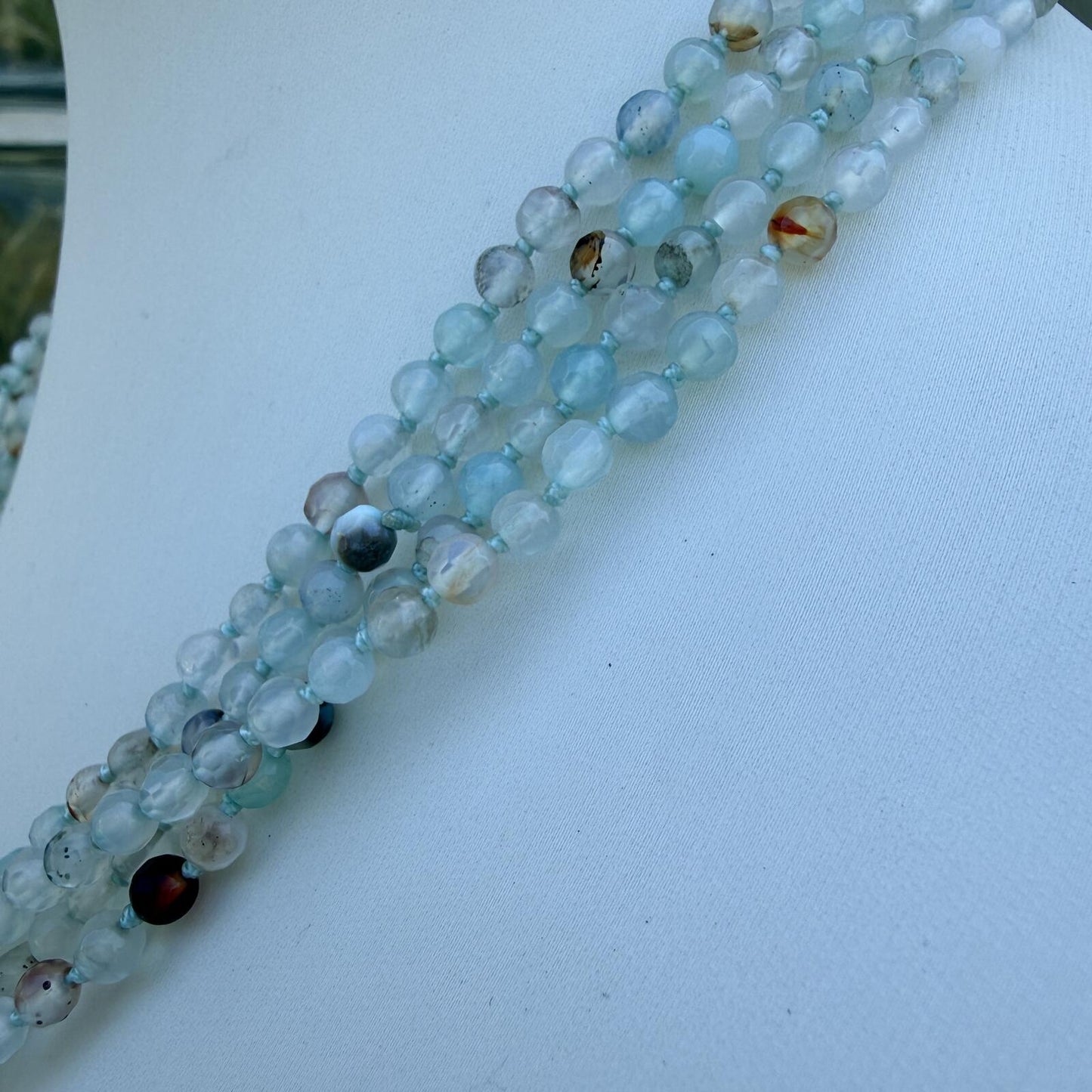 Vintage Cameo Necklace with Aqua Gemstone Strands |Sterling Silver Pendant.