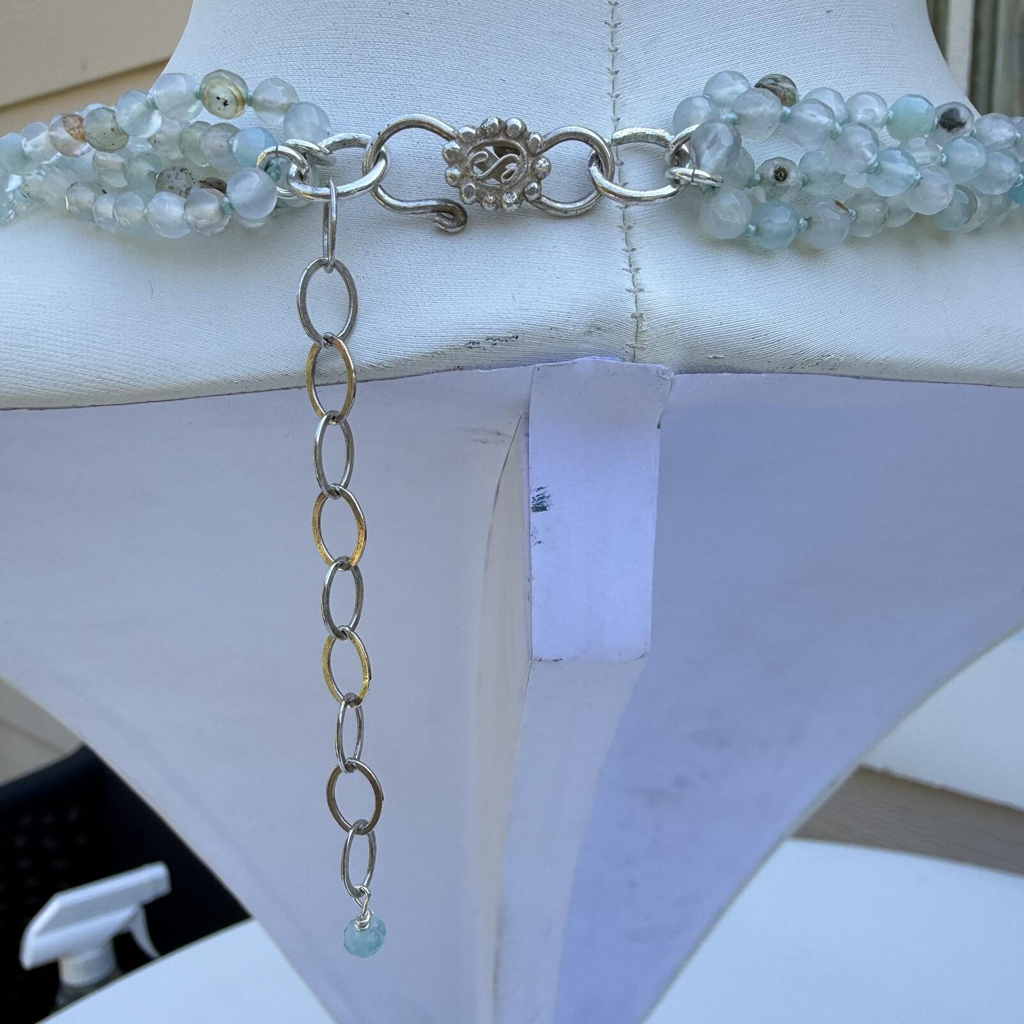 Vintage Cameo Necklace with Aqua Gemstone Strands |Sterling Silver Pendant.