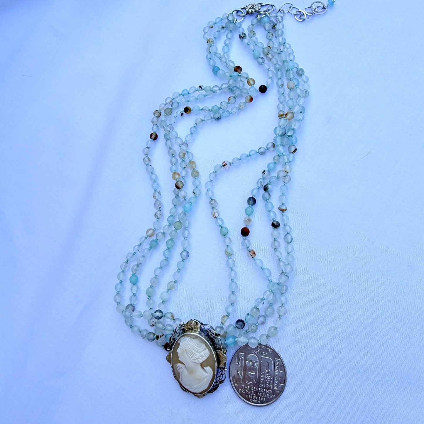 Vintage Cameo Necklace with Aqua Gemstone Strands |Sterling Silver Pendant.